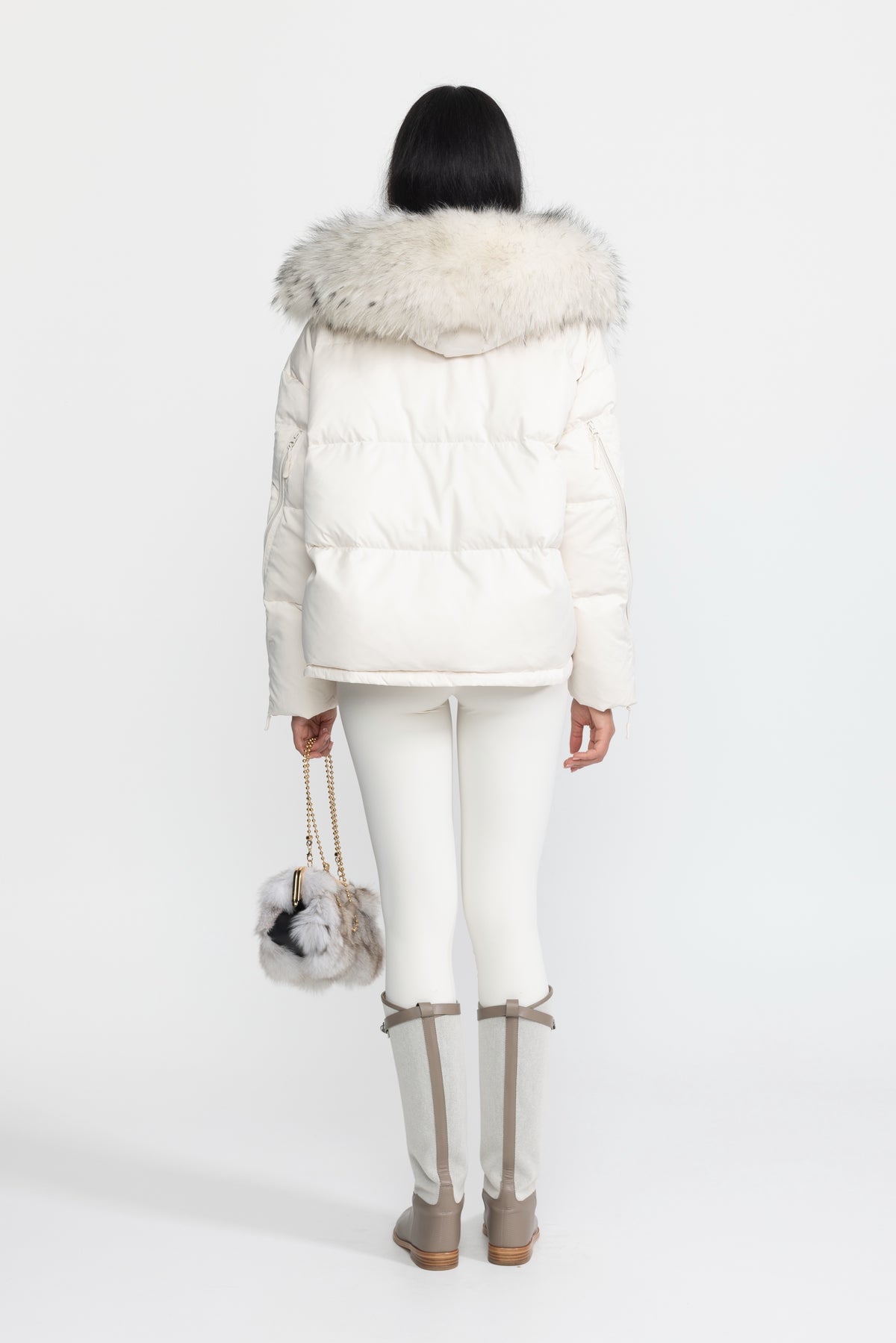 Raccoon Fur Hood Cropped Down Puffer Jacket - Ivoire
