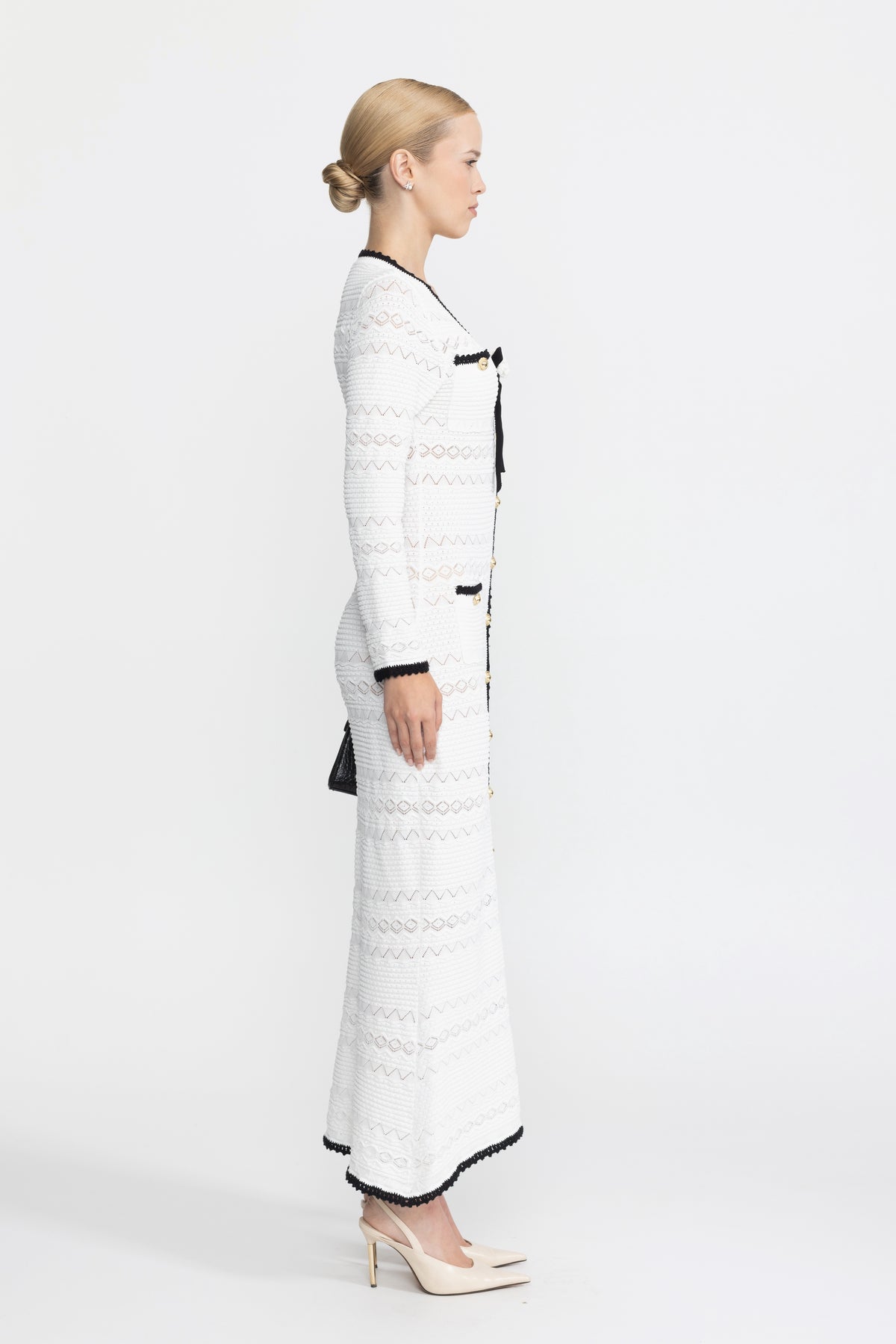 Crochet Trim Knit Button Midi Dress with Flower Brooch - White