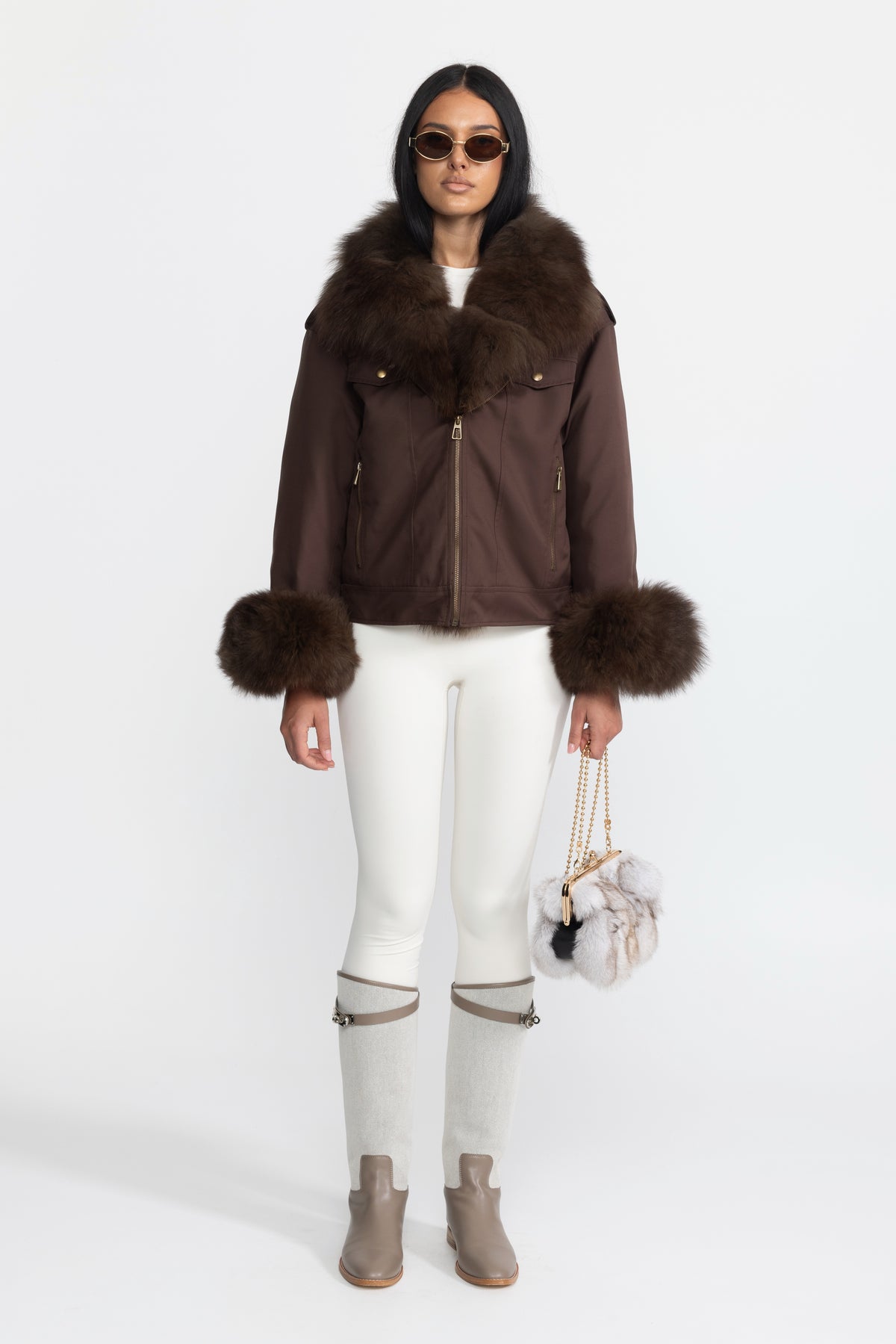 Fox Fur Collar and Cuff Down Utility Jacket - Chocolate