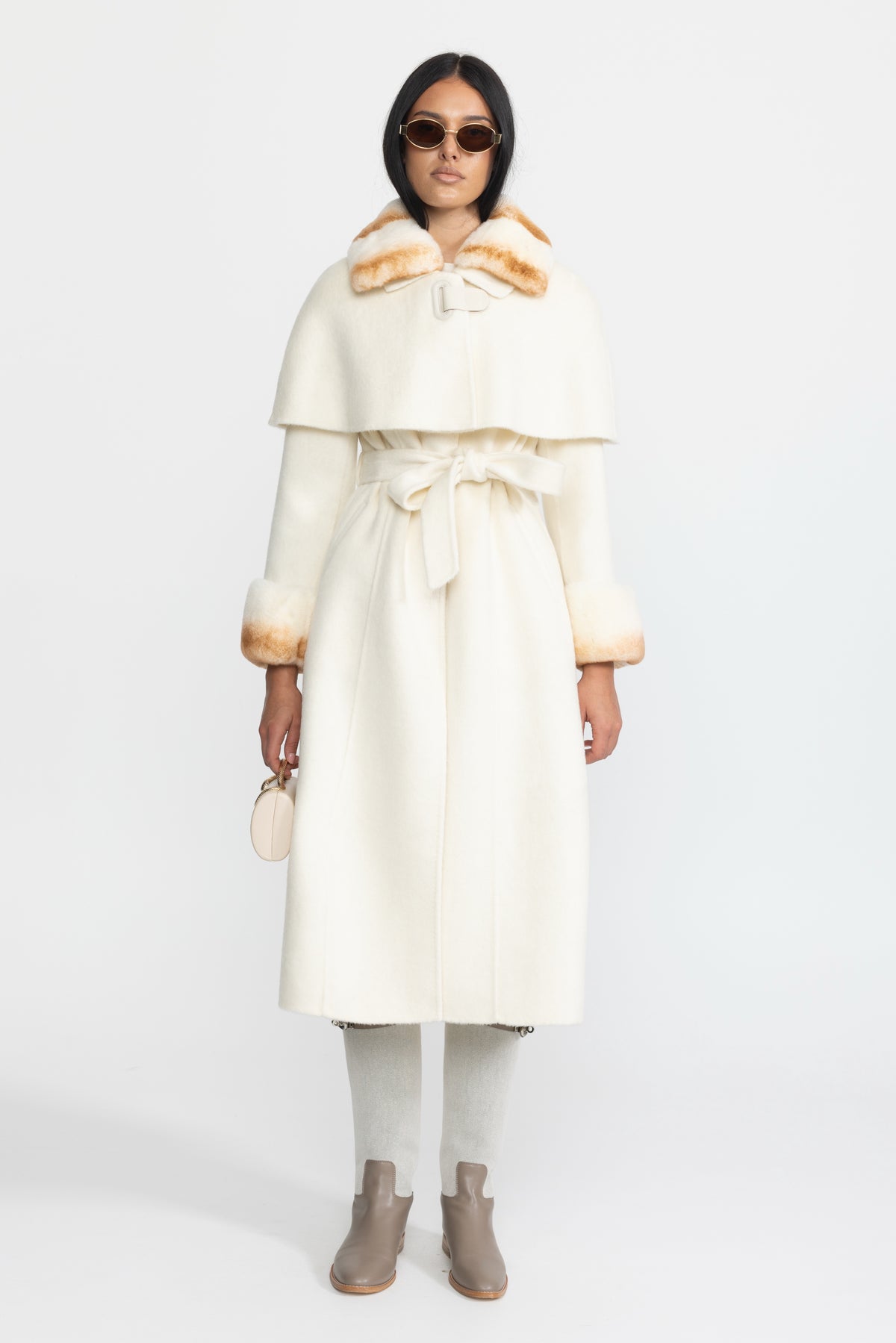 Rex Rabbit Fur Collar Capelet Wool Coat - Ivoire