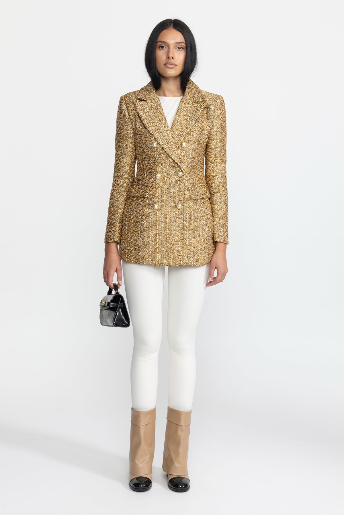 Blazer doppiopetto in tweed metallizzato con bottoni gioiello effetto perla - Oro