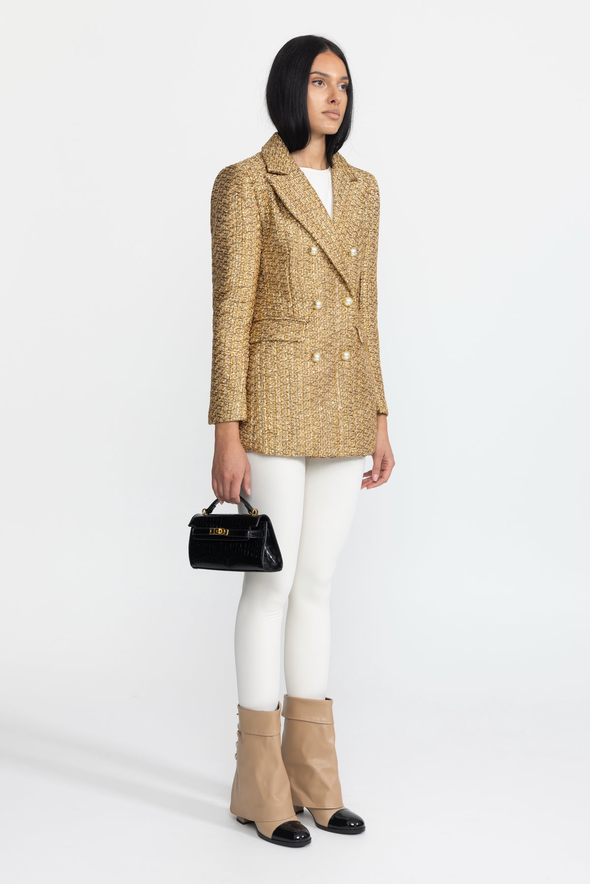 Blazer doppiopetto in tweed metallizzato con bottoni gioiello effetto perla - Oro