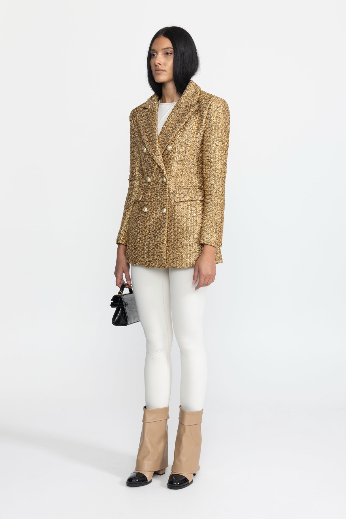 Blazer doppiopetto in tweed metallizzato con bottoni gioiello effetto perla - Oro