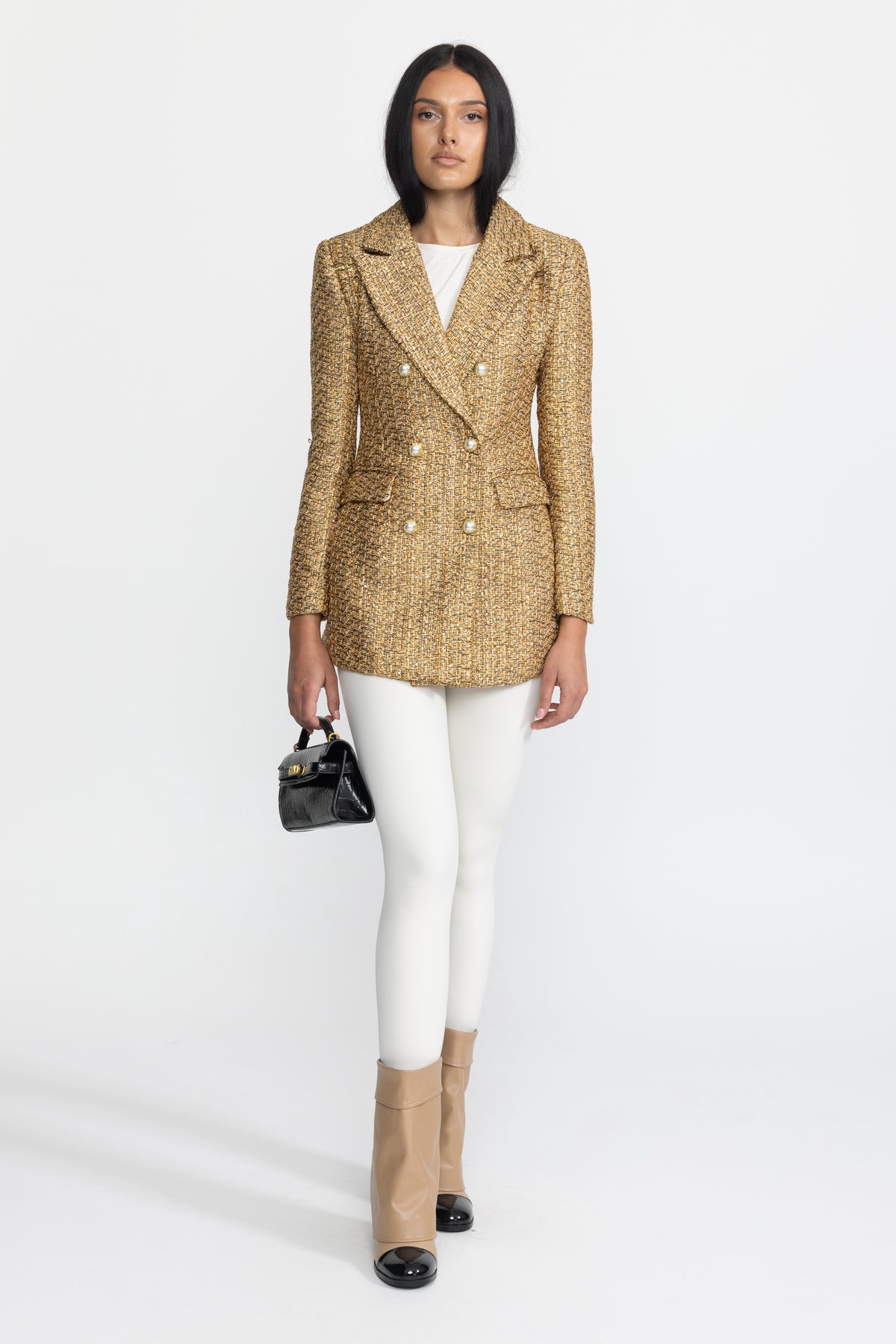 Blazer doppiopetto in tweed metallizzato con bottoni gioiello effetto perla - Oro