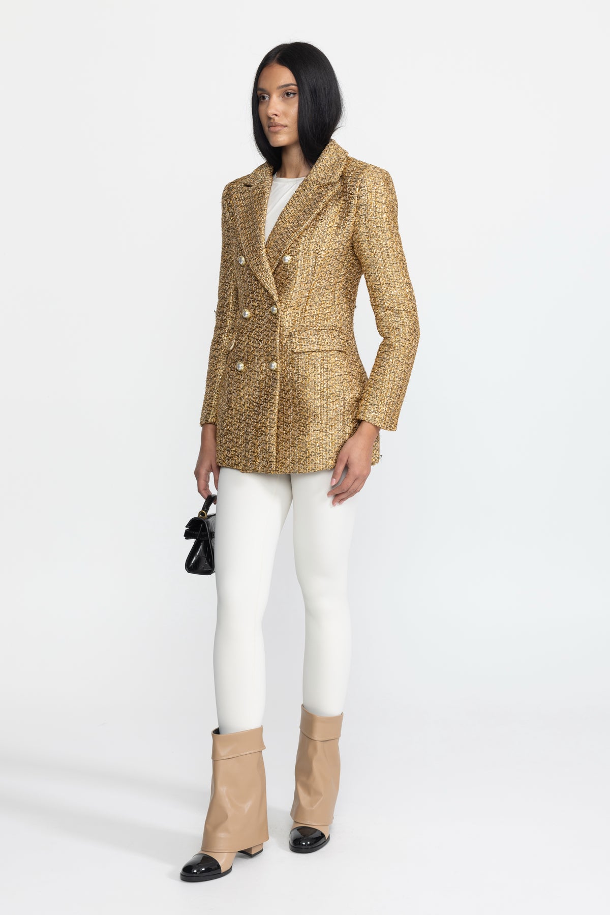 Blazer doppiopetto in tweed metallizzato con bottoni gioiello effetto perla - Oro