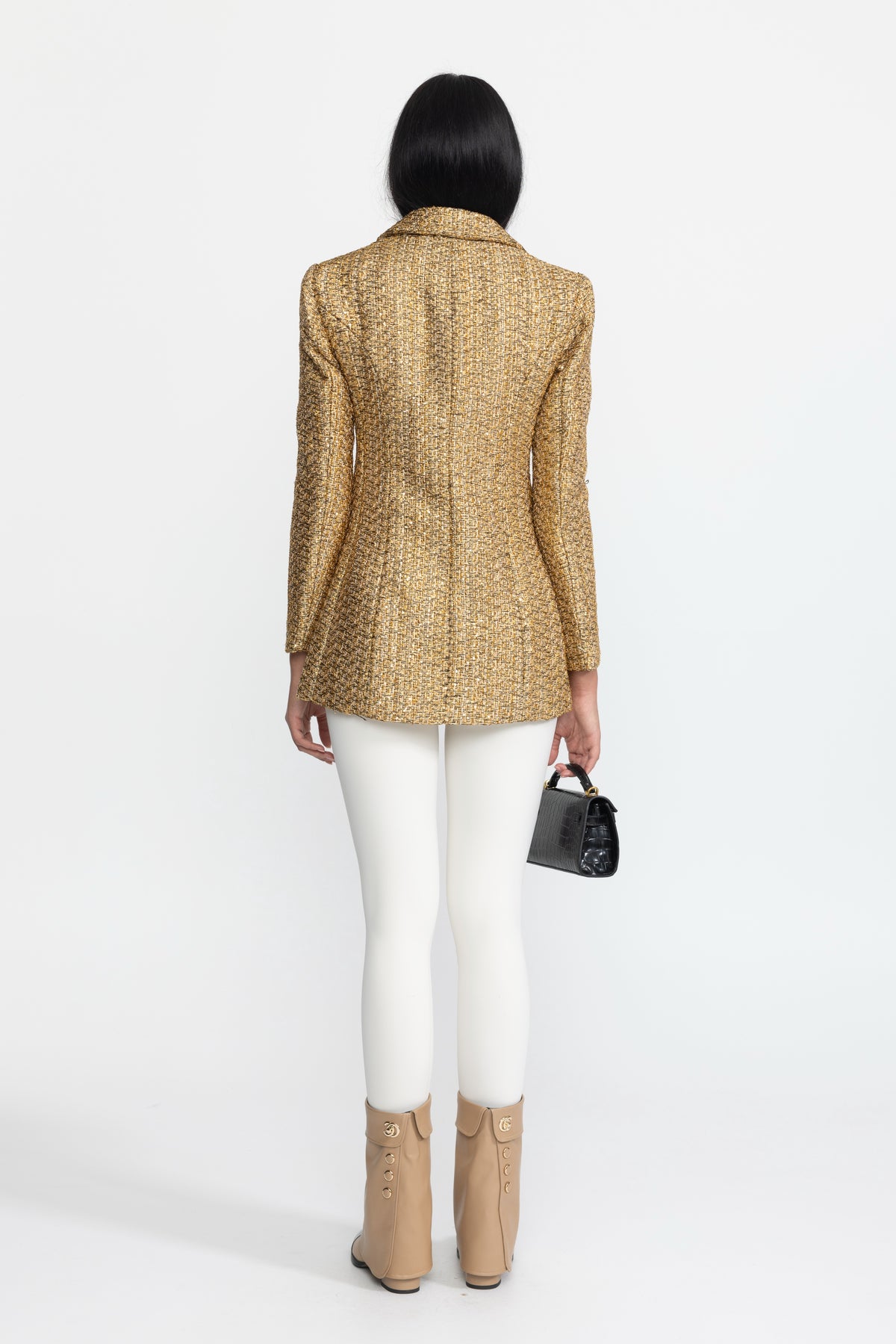 Blazer doppiopetto in tweed metallizzato con bottoni gioiello effetto perla - Oro
