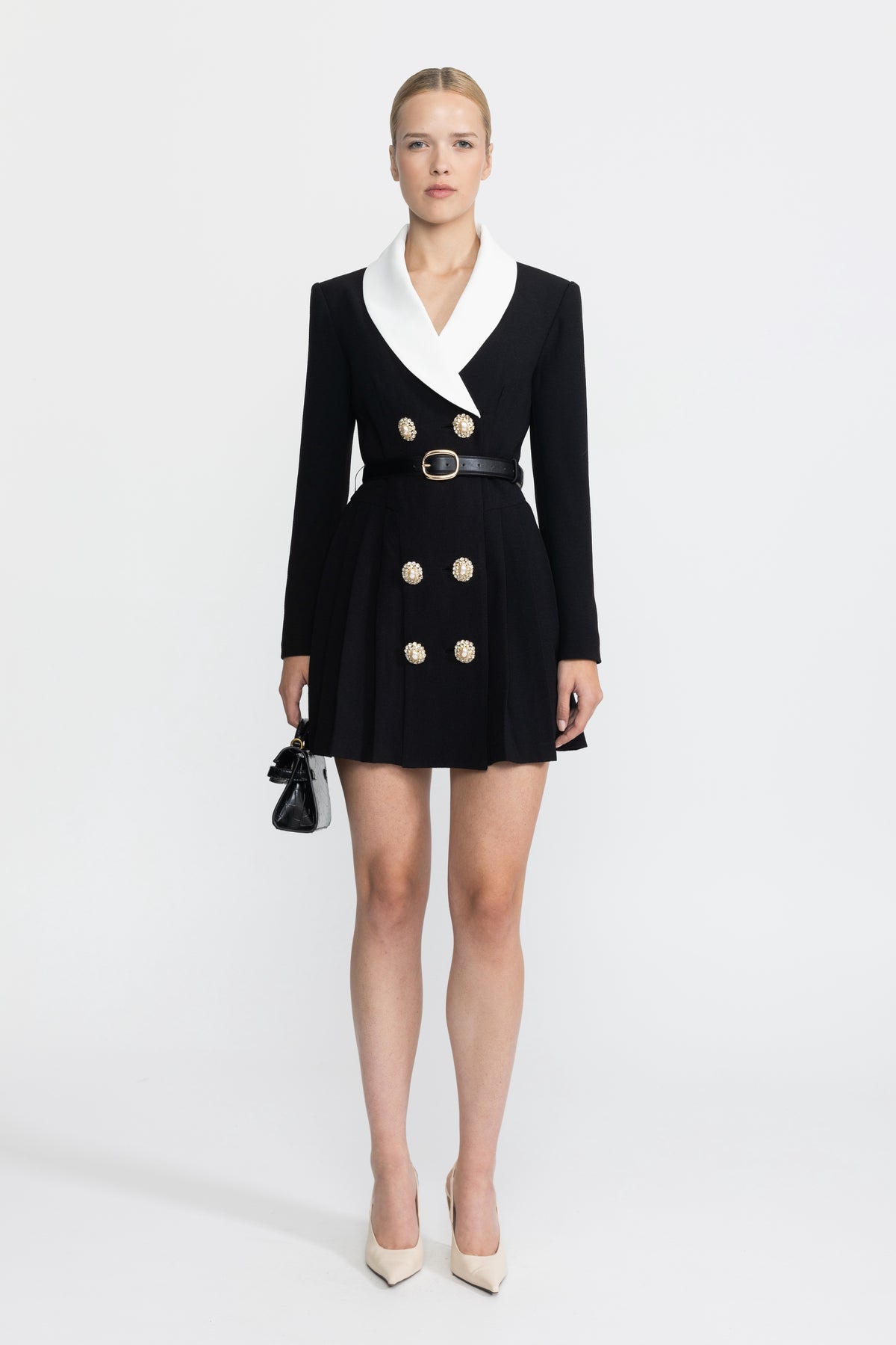 Contrast Lapel Belted Pleated Blazer Mini Dress - Black