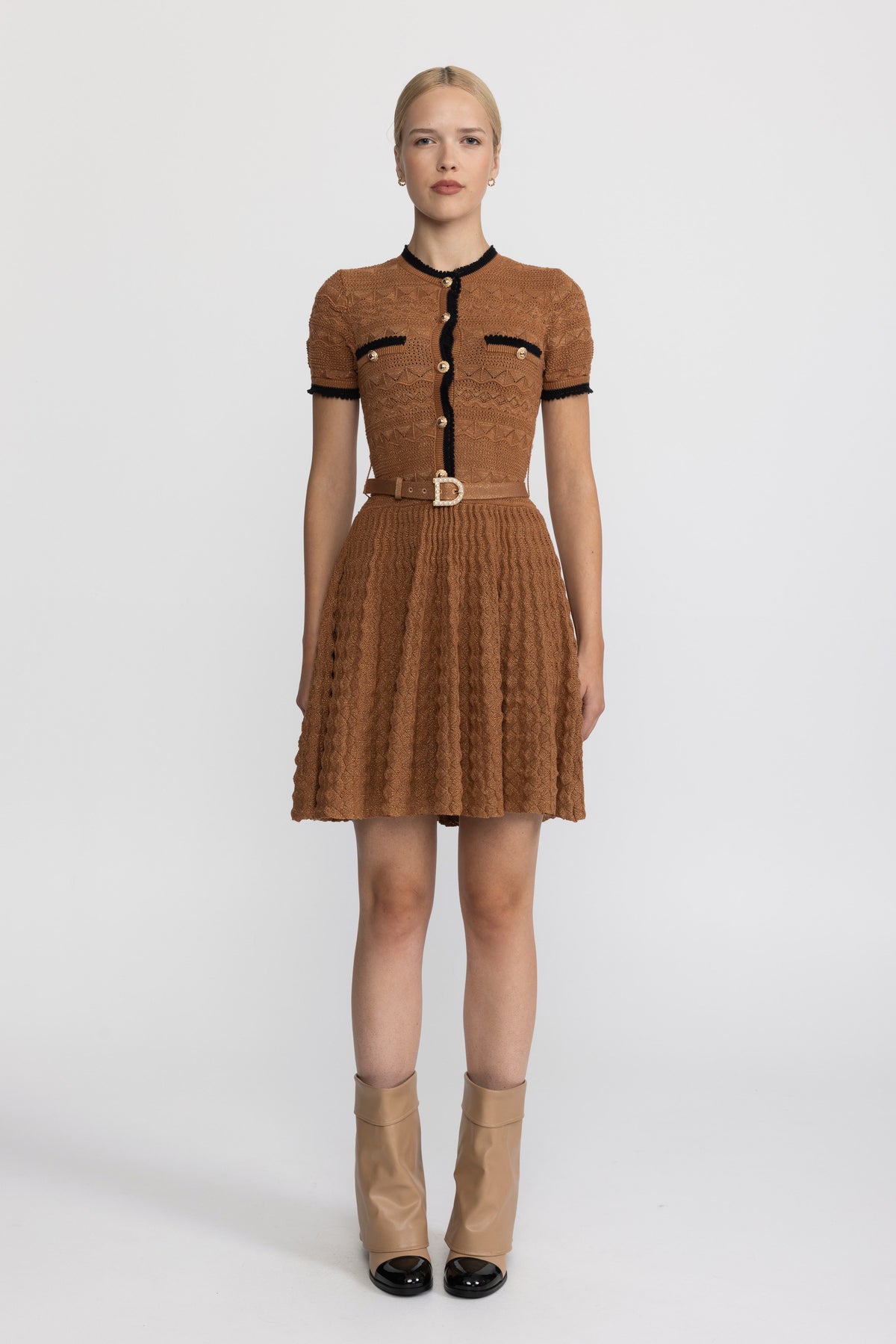 Metallic Pointelle Knit Belted Dress with Contrast Trim - Caramel