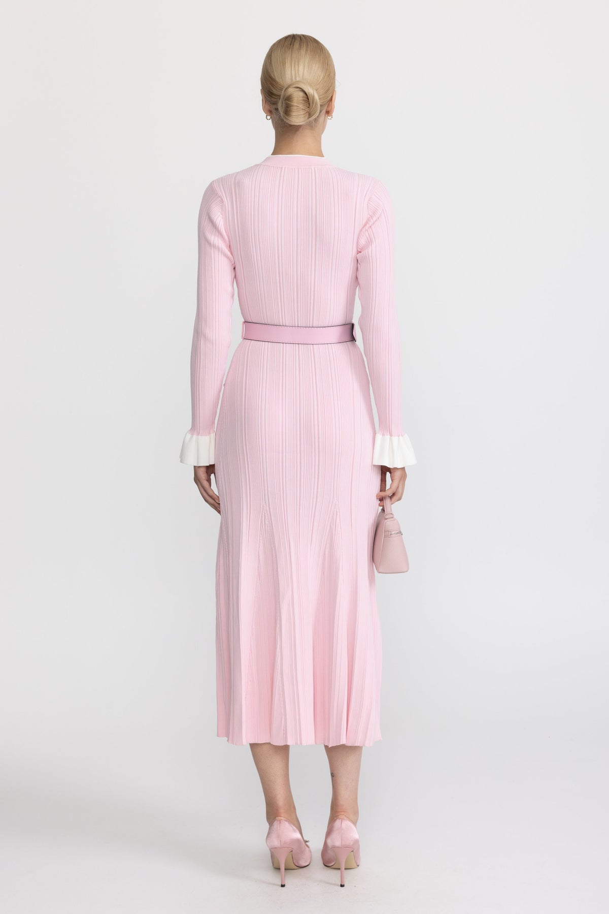 Belted Rib Knit Button-Front Midi Dress - Pink