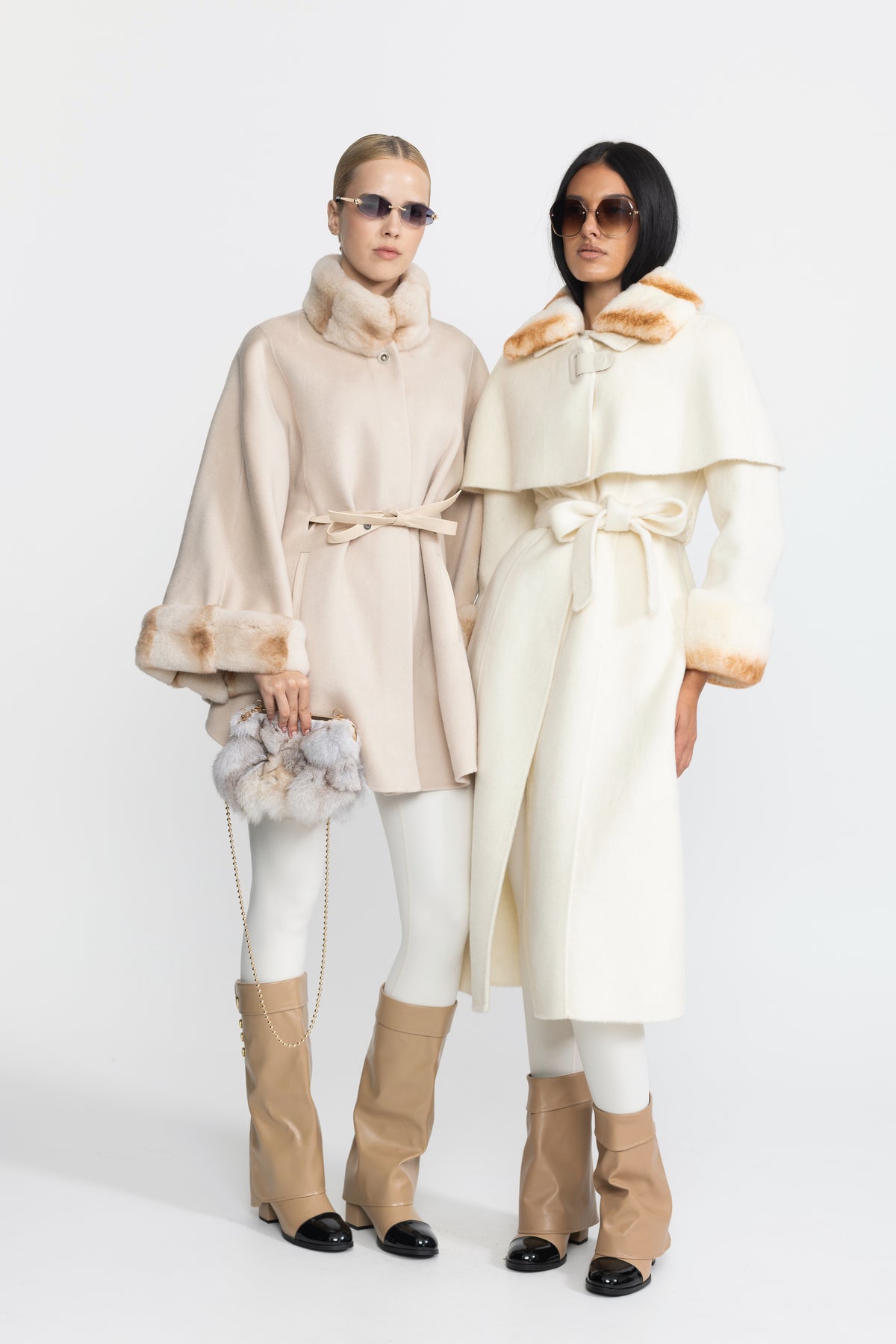 Rex Rabbit Fur Collar Capelet Wool Coat - Ivoire