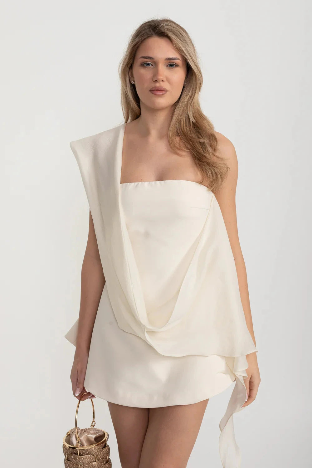Strapless Fitted Mini Dress With Flared Skirt And Draping Scarf Attachment - Ivoire