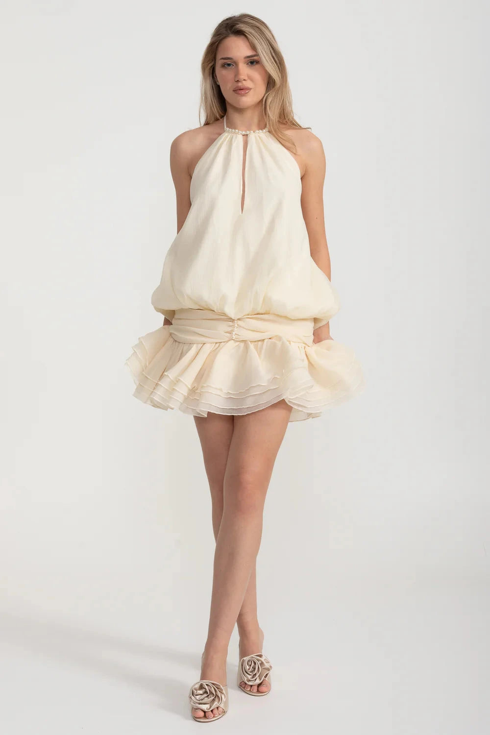 Mini Halter Dress With Oversized Billowy Silhouette And Layered Ruffled Skirt - Ivoire