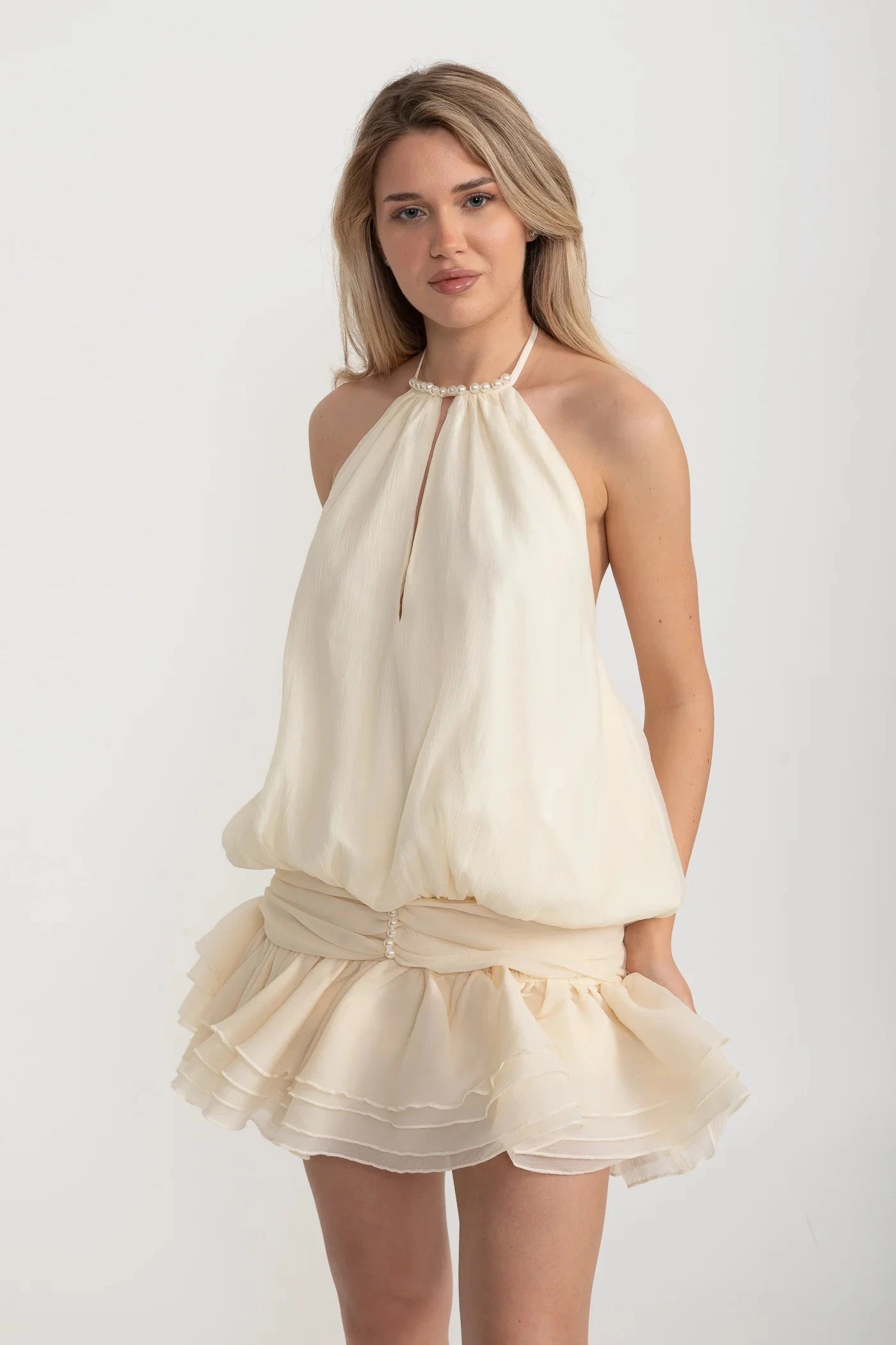 Mini Halter Dress With Oversized Billowy Silhouette And Layered Ruffled Skirt - Ivoire
