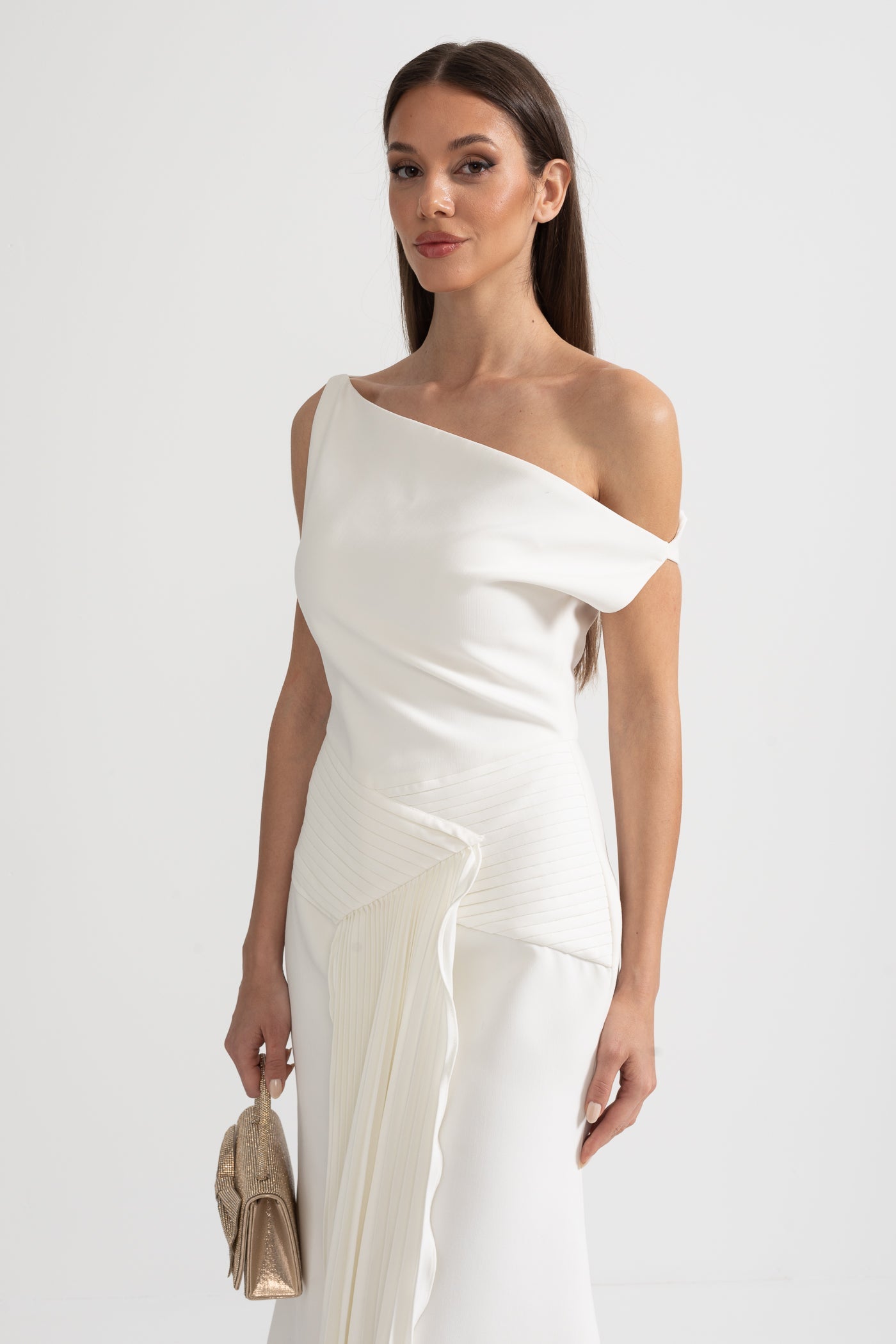 Off-Shoulder Midi Dress With Pleated Waist Detailing - White