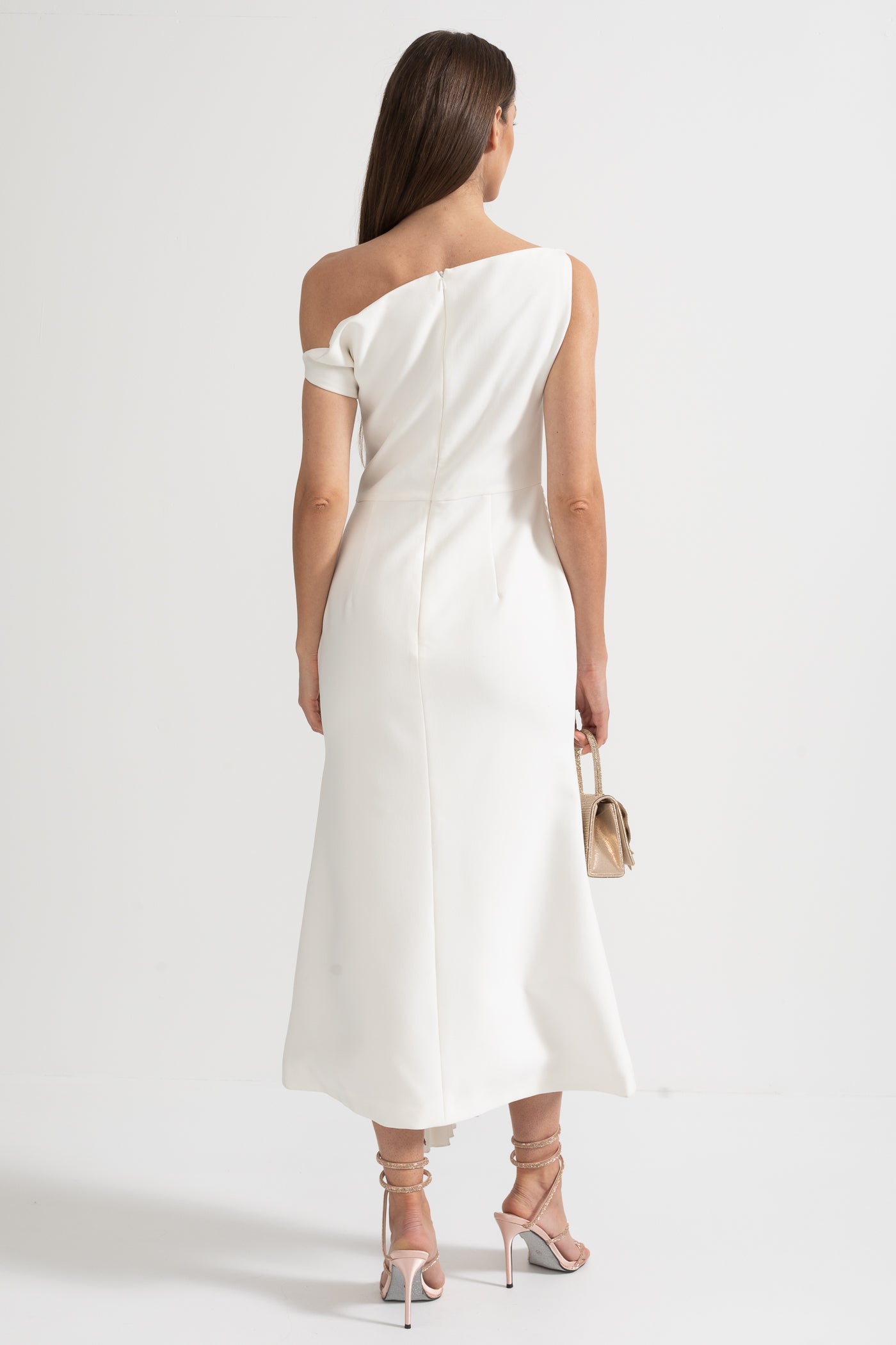 Off-Shoulder Midi Dress With Pleated Waist Detailing - White