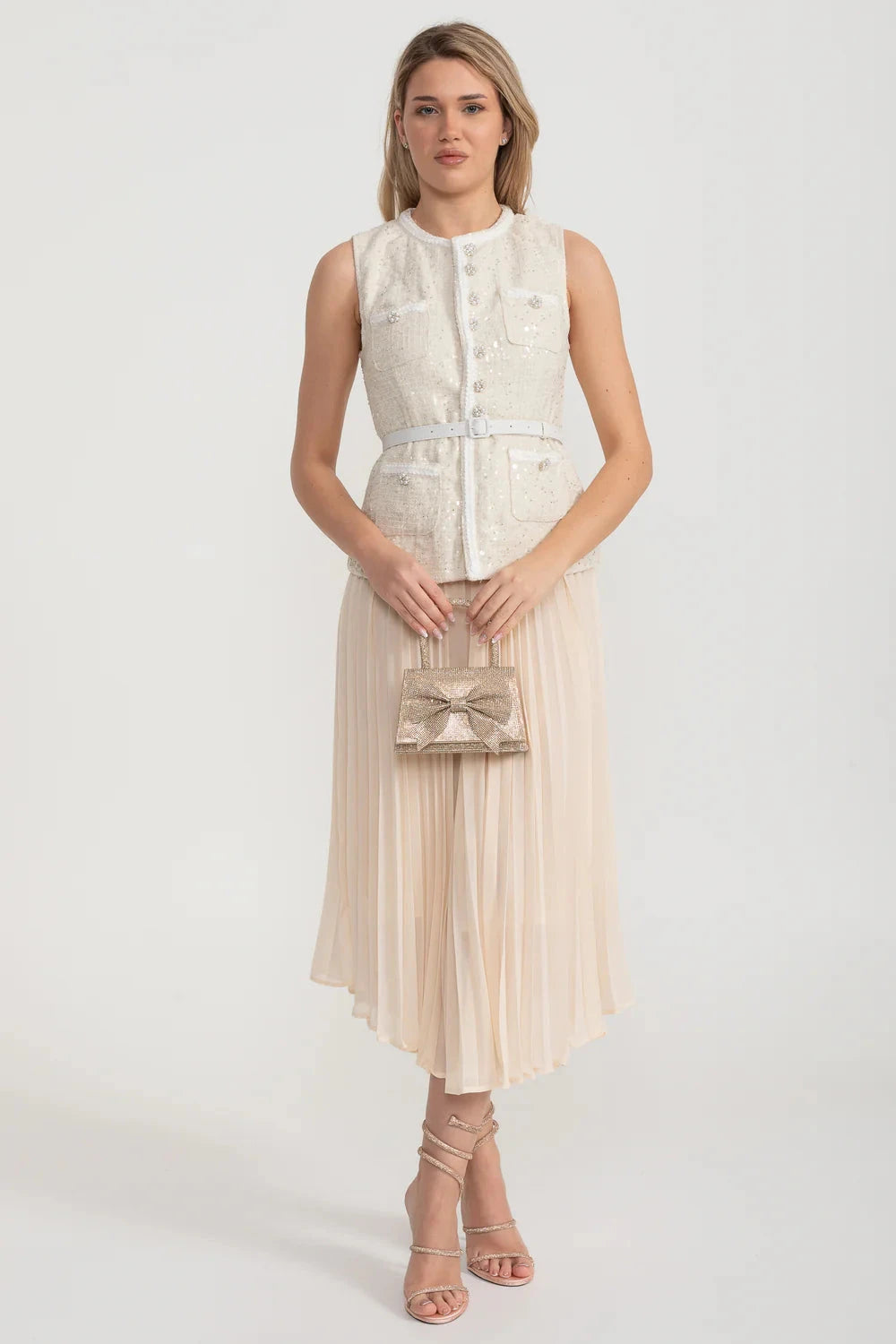 Coordinato Testurizzato con Tasche Frontali e Gonna Plissettata Trasparente - Ivoire