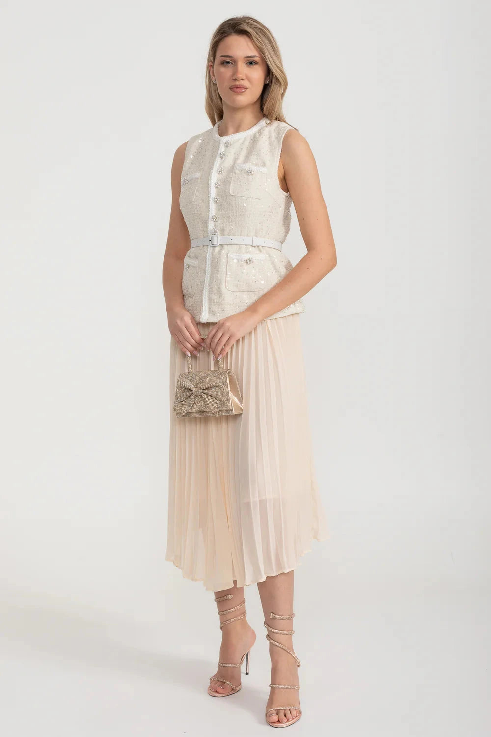 Coordinato Testurizzato con Tasche Frontali e Gonna Plissettata Trasparente - Ivoire