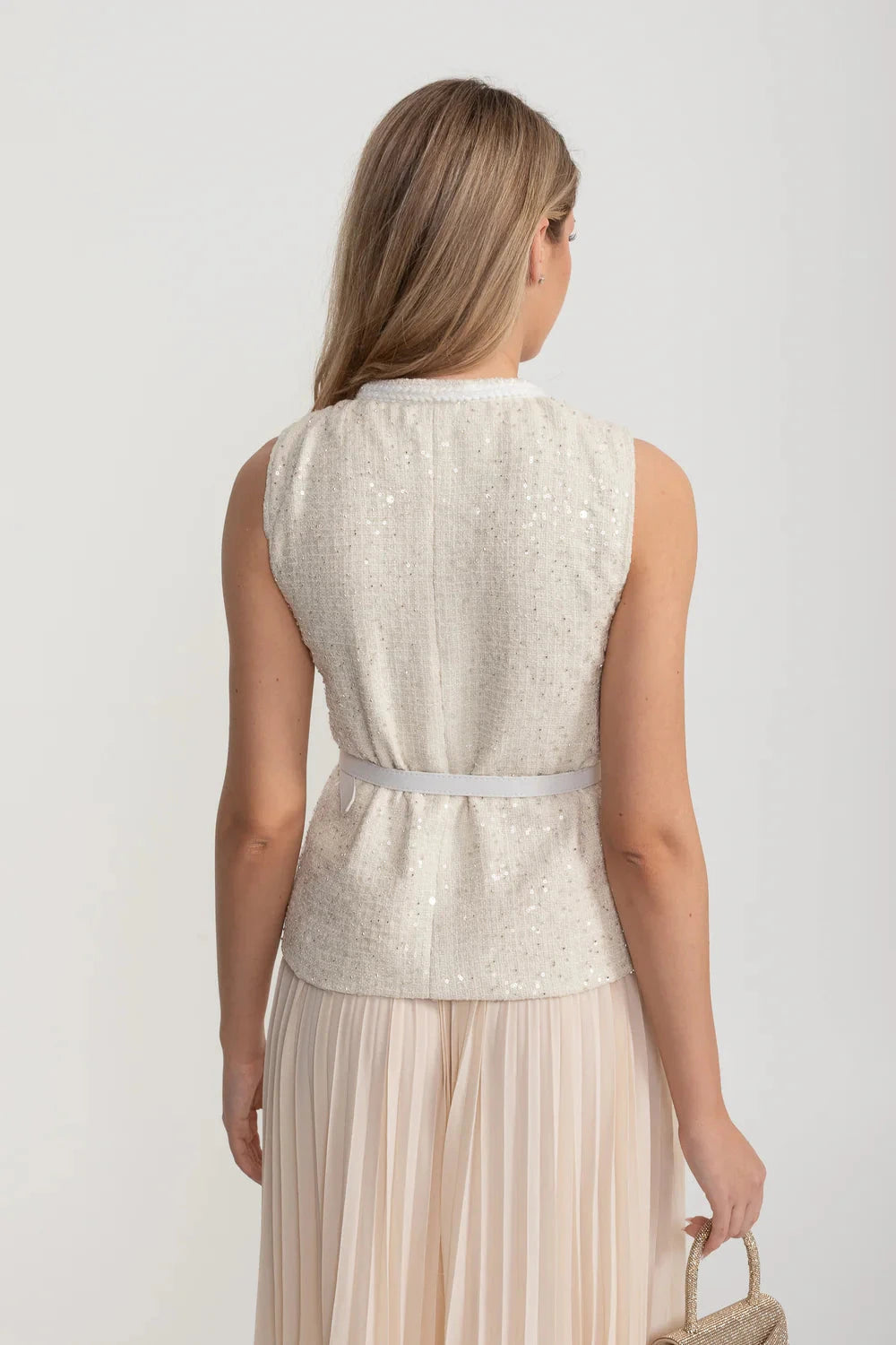 Coordinato Testurizzato con Tasche Frontali e Gonna Plissettata Trasparente - Ivoire