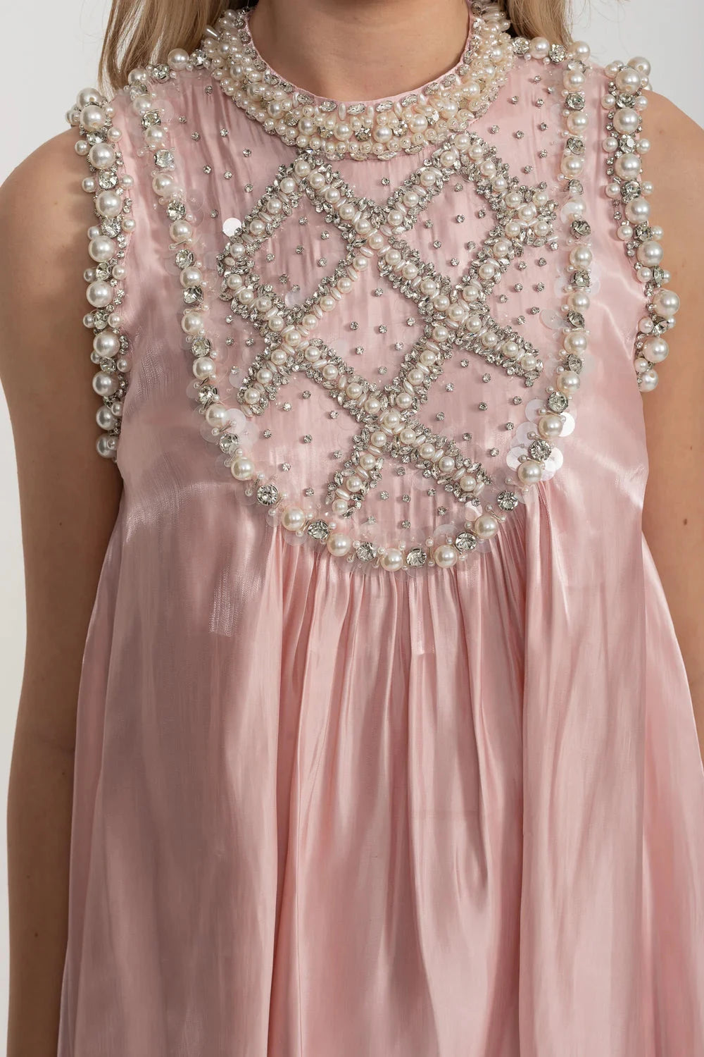 Elegant A-Line Sleeveless Dress With Intricate Pearl And Crystal Embellishments - Pink