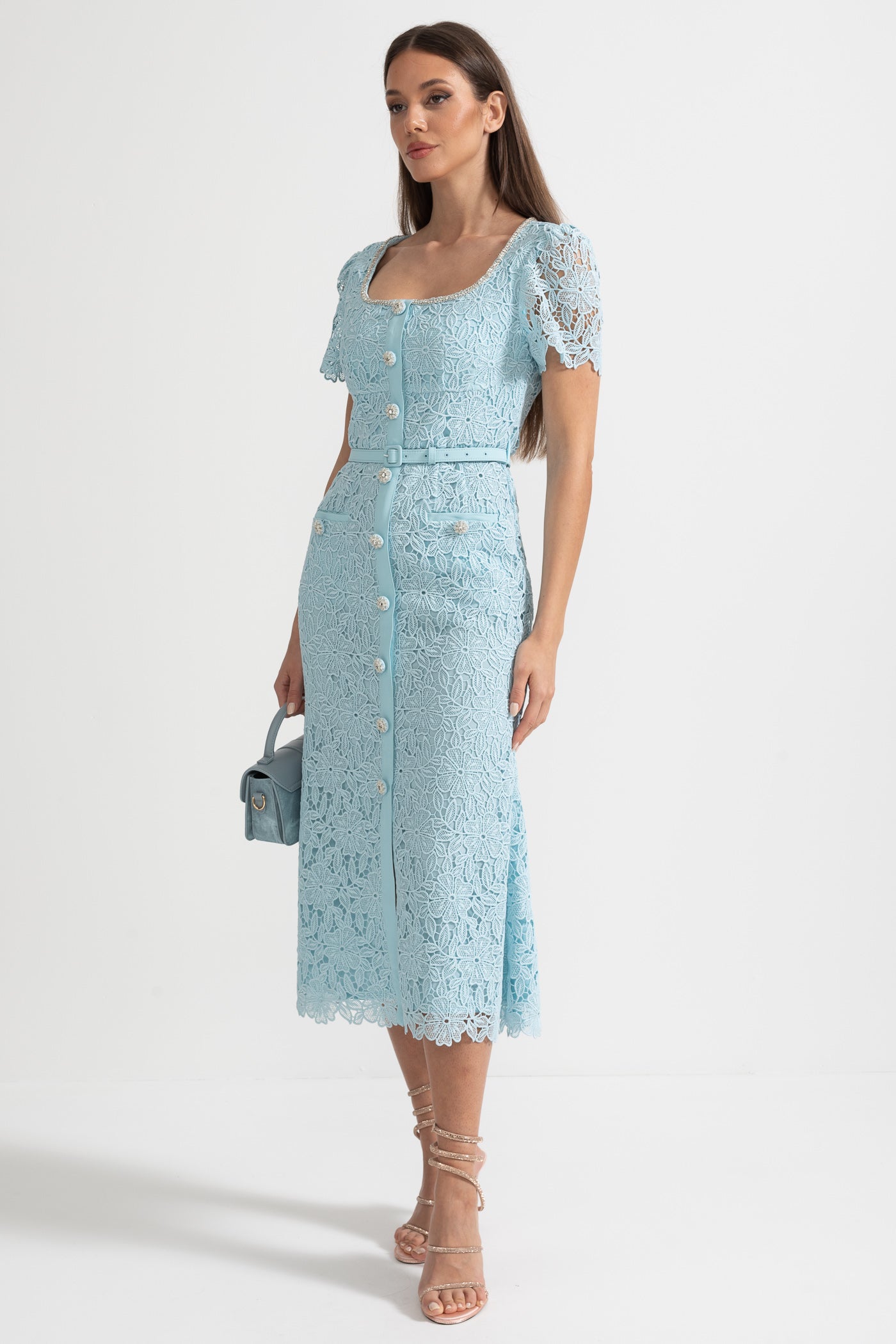 Delicate Azure Lace Midi Dress - Baby Blue