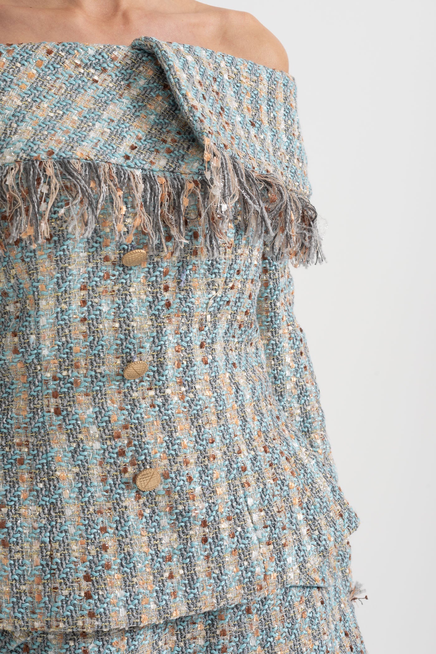 Completo in Tweed a Quadri con Top Scoperto e Minigonna Coordinata - Blue