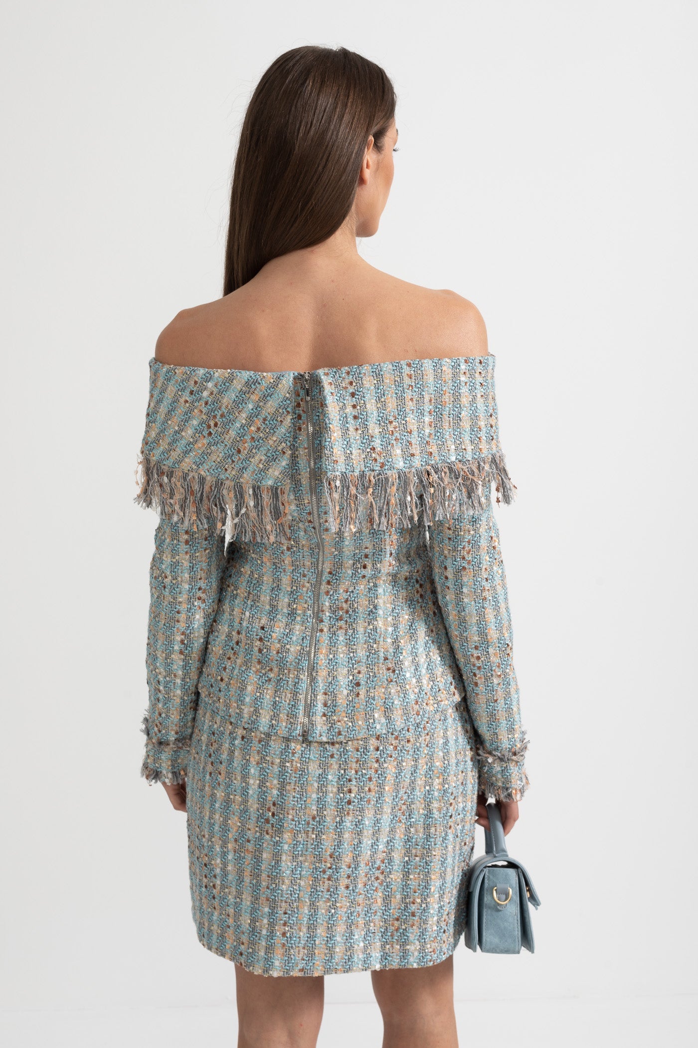 Completo in Tweed a Quadri con Top Scoperto e Minigonna Coordinata - Blue