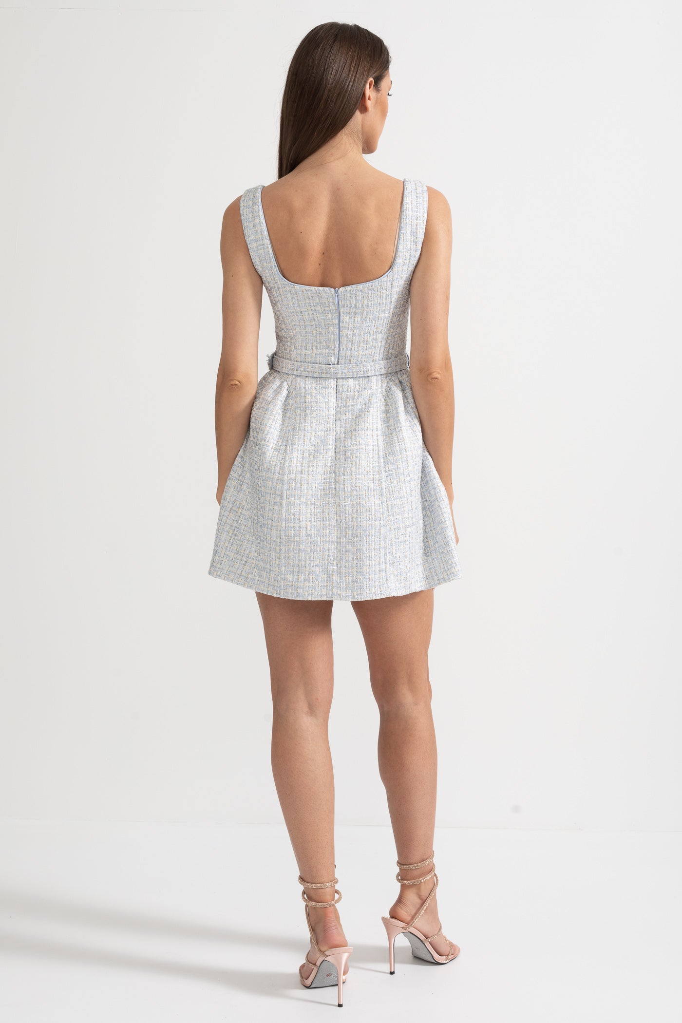 Textured Mini Dress With Fitted Bodice And Contrasting Buttons - Light Blue