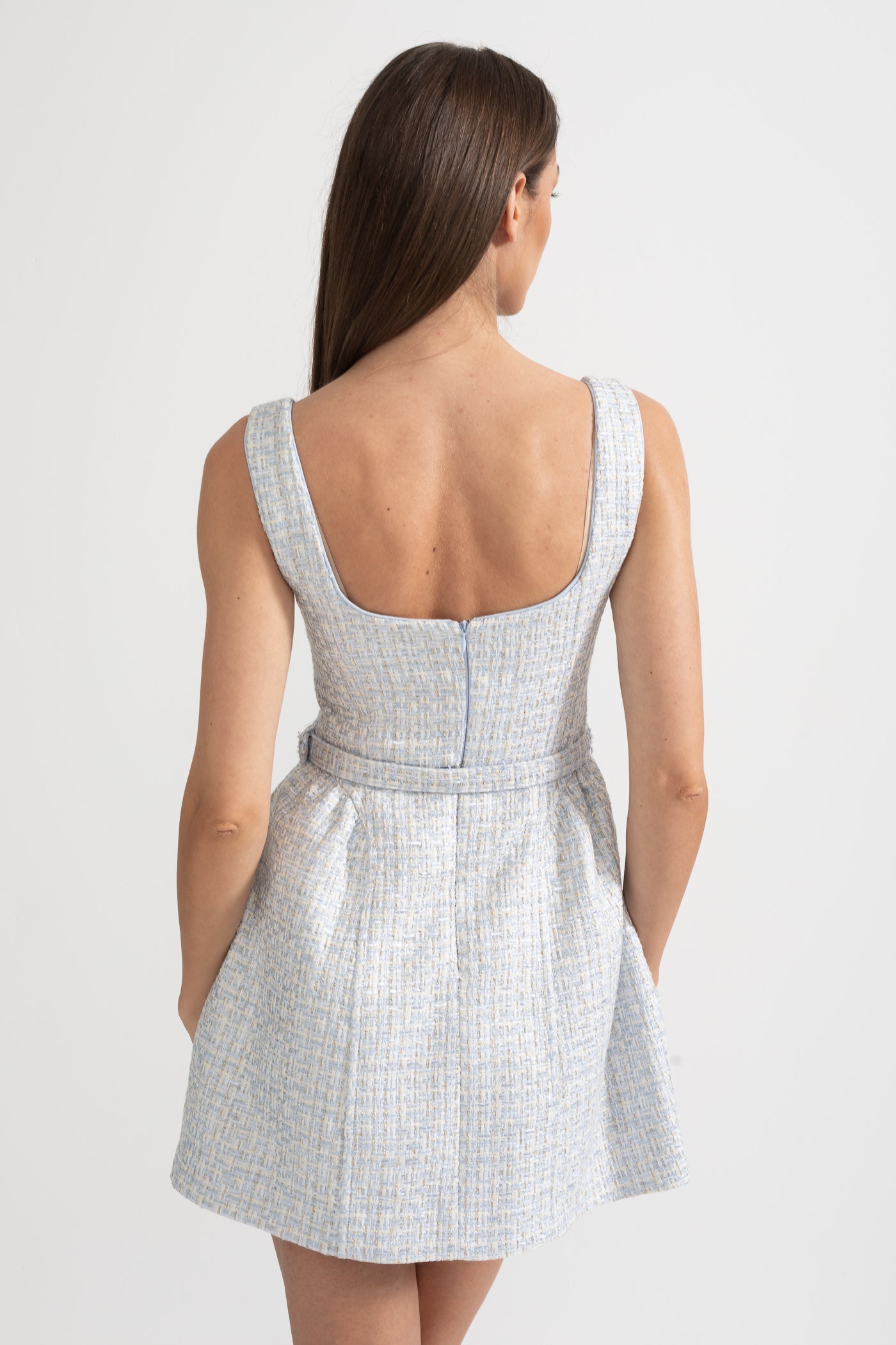 Textured Mini Dress With Fitted Bodice And Contrasting Buttons - Light Blue