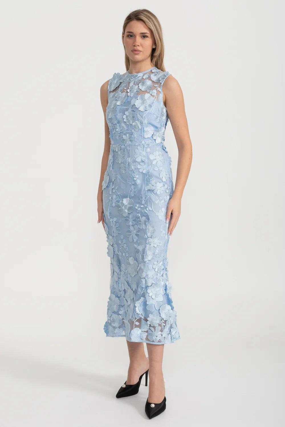 Sheer Dress With Fitted Waist And Floral Appliques - Light Blue