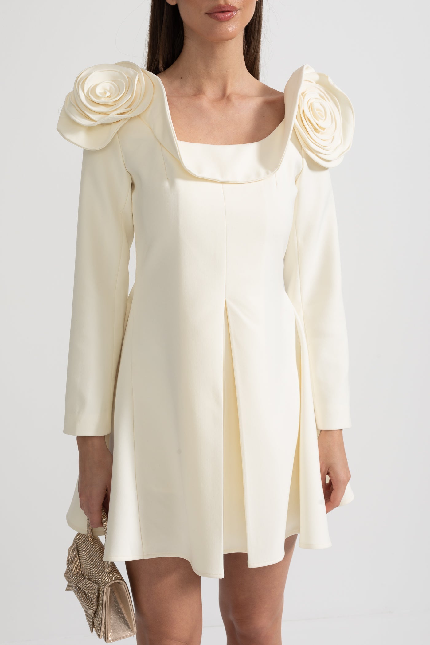 Abito Mini Elegante con Scollo Quadrato, Applicazioni Floreali 3D e Gonna Svasata - Ivoire