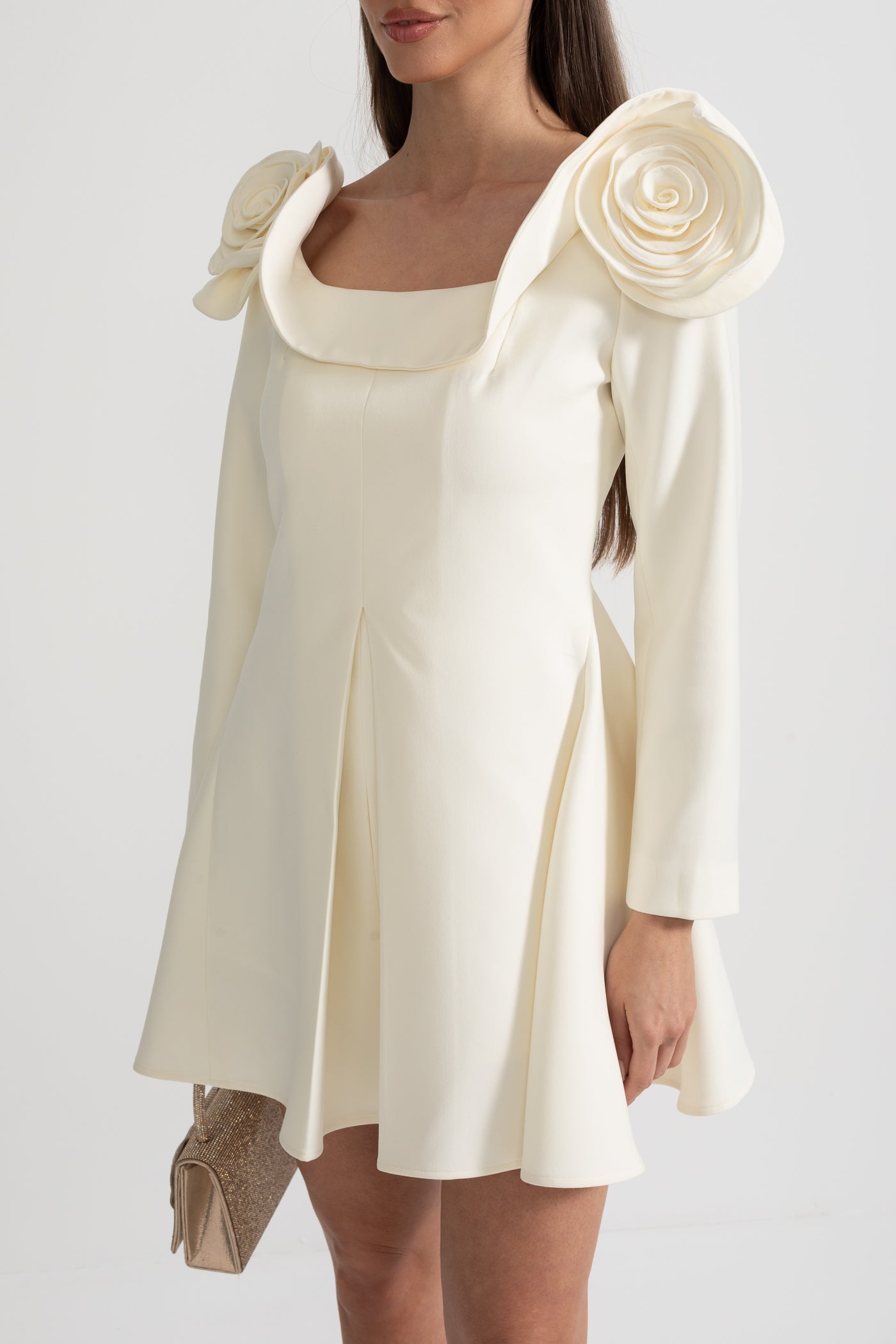 Abito Mini Elegante con Scollo Quadrato, Applicazioni Floreali 3D e Gonna Svasata - Ivoire