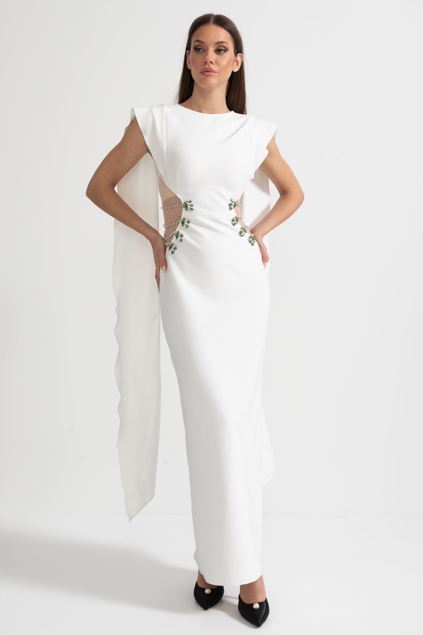 Embellished Cut-Out Maxi Dress with Statement Side Detailing - White
