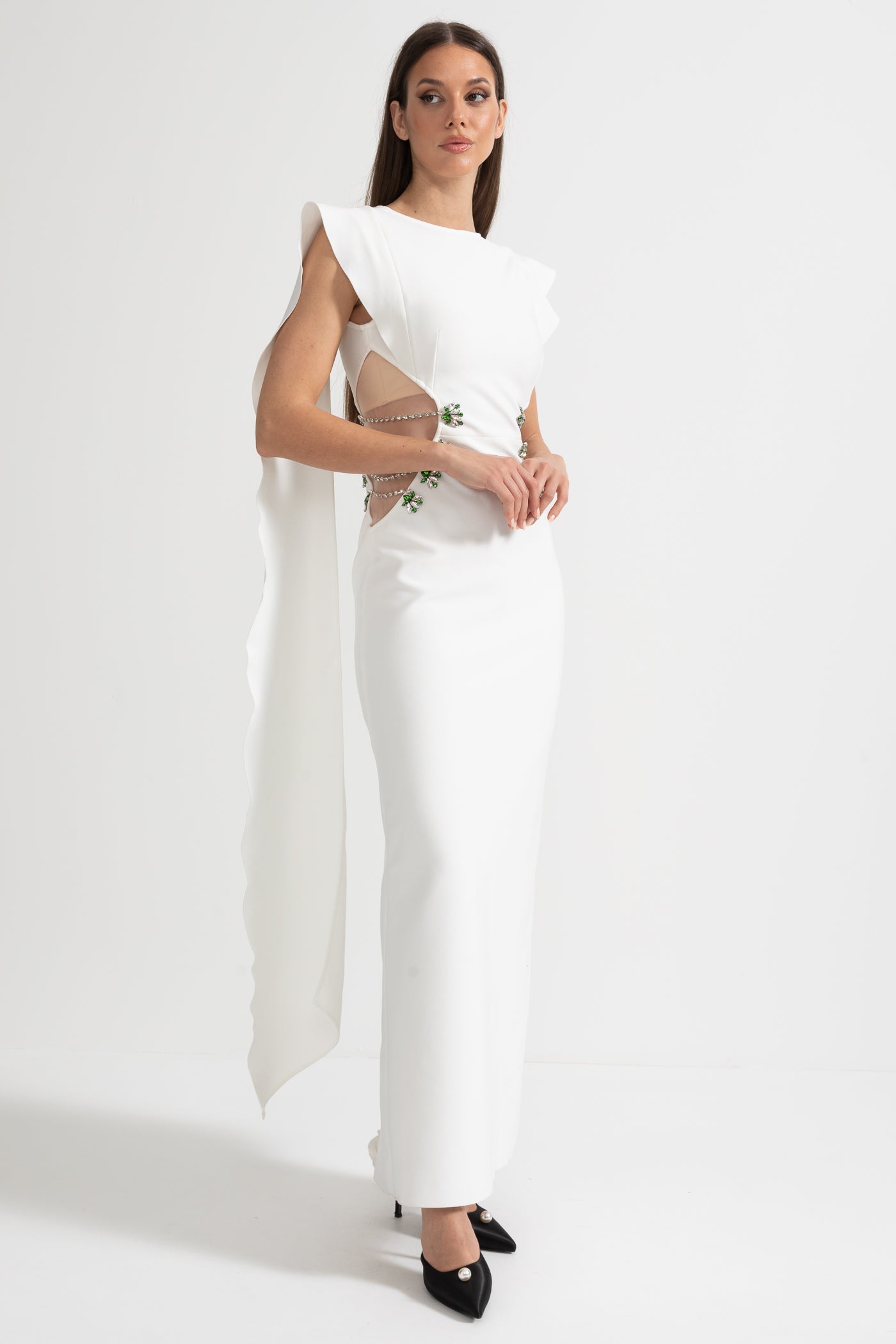 Embellished Cut-Out Maxi Dress with Statement Side Detailing - White