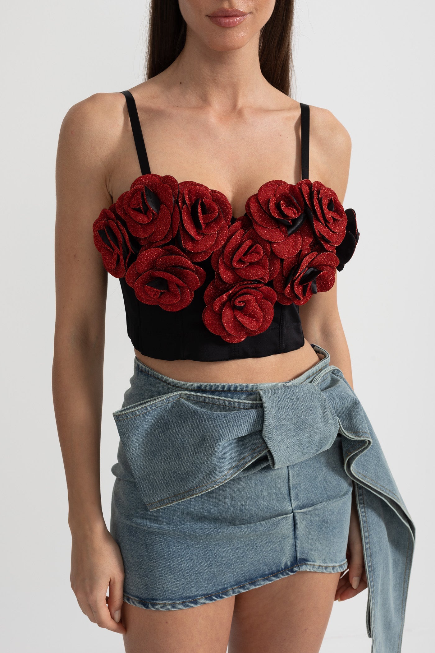 Top Corsetto con Applicazioni 3D di Rose Rosse - Nero