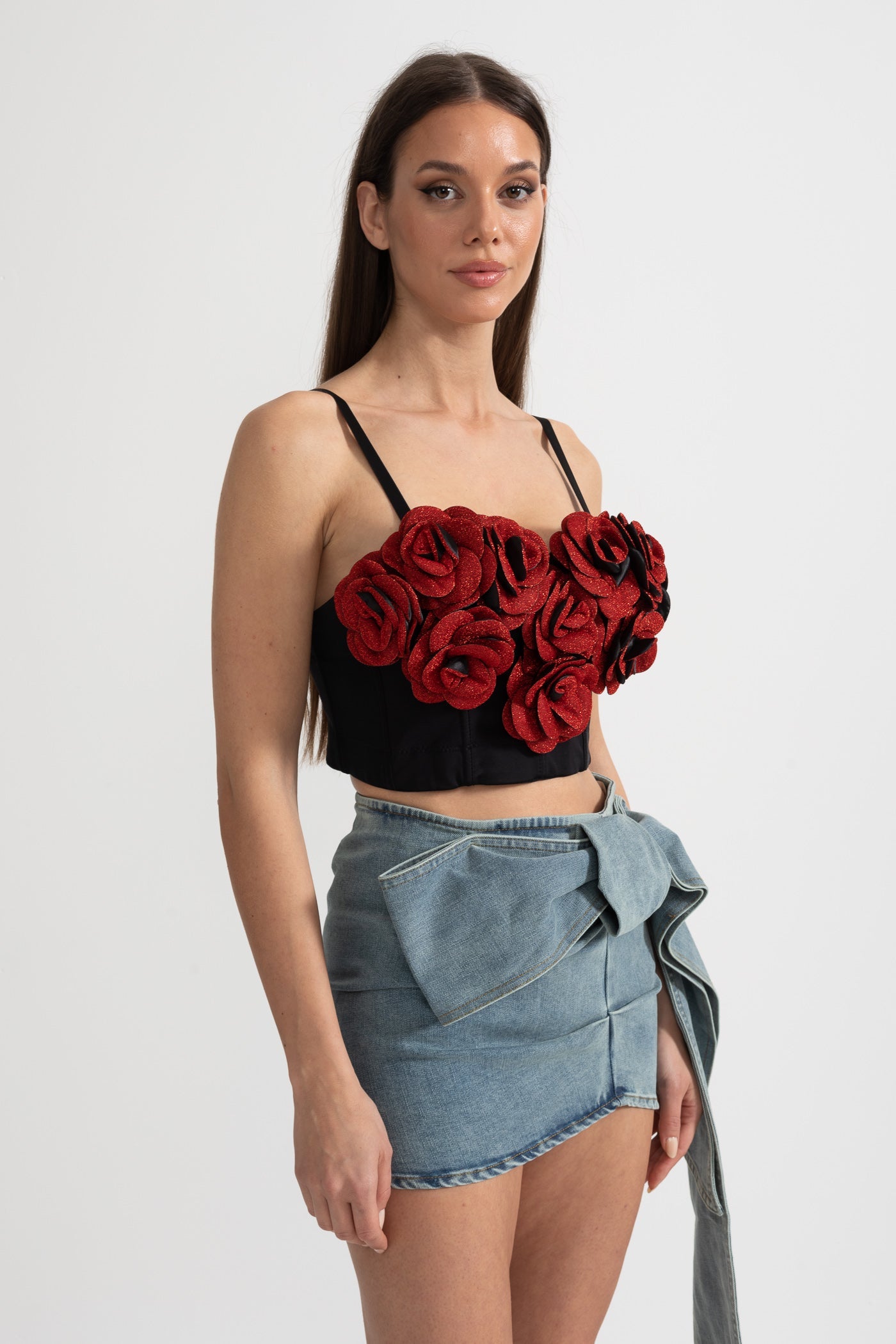 Top Corsetto con Applicazioni 3D di Rose Rosse - Nero