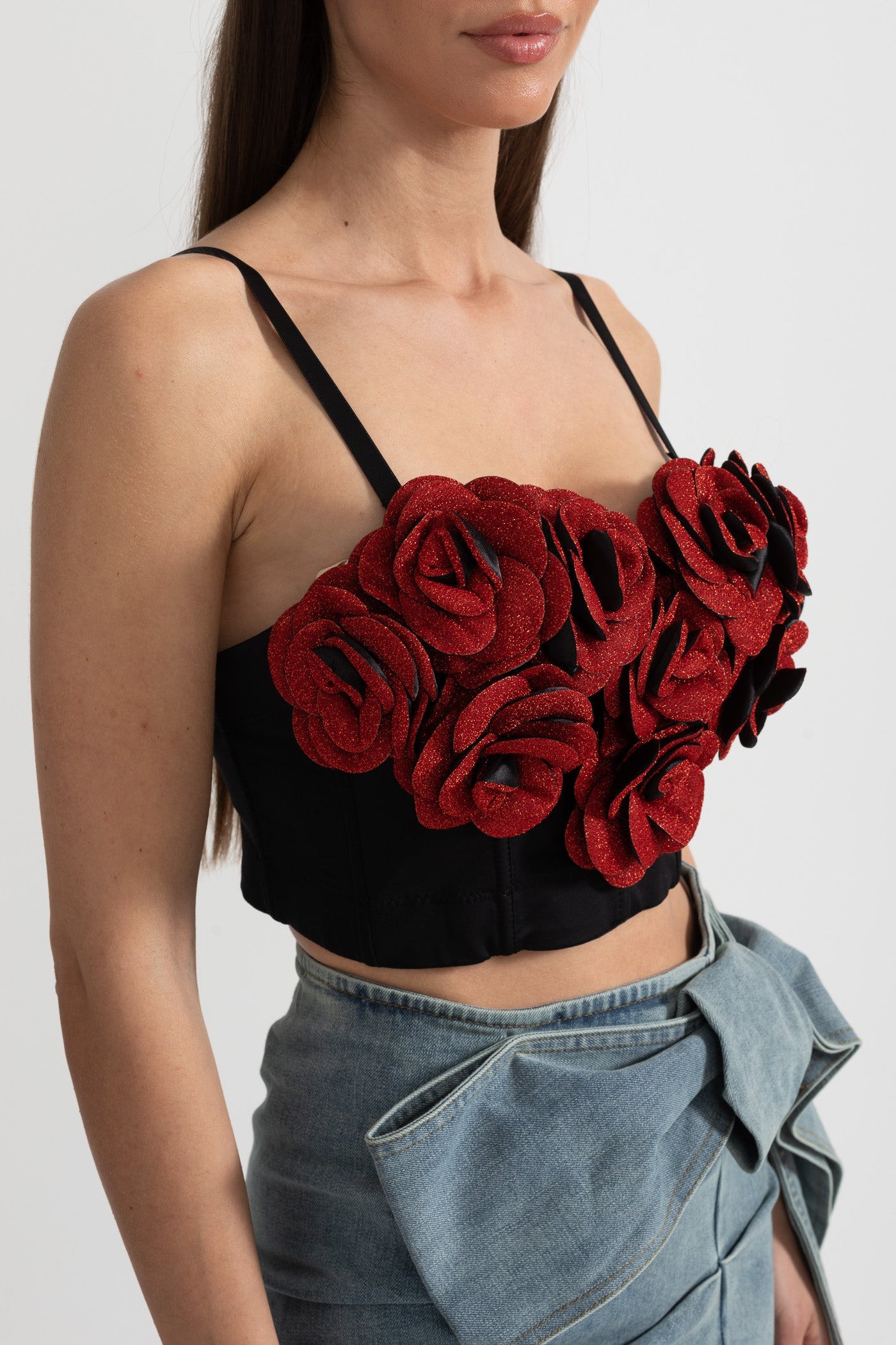 Top Corsetto con Applicazioni 3D di Rose Rosse - Nero