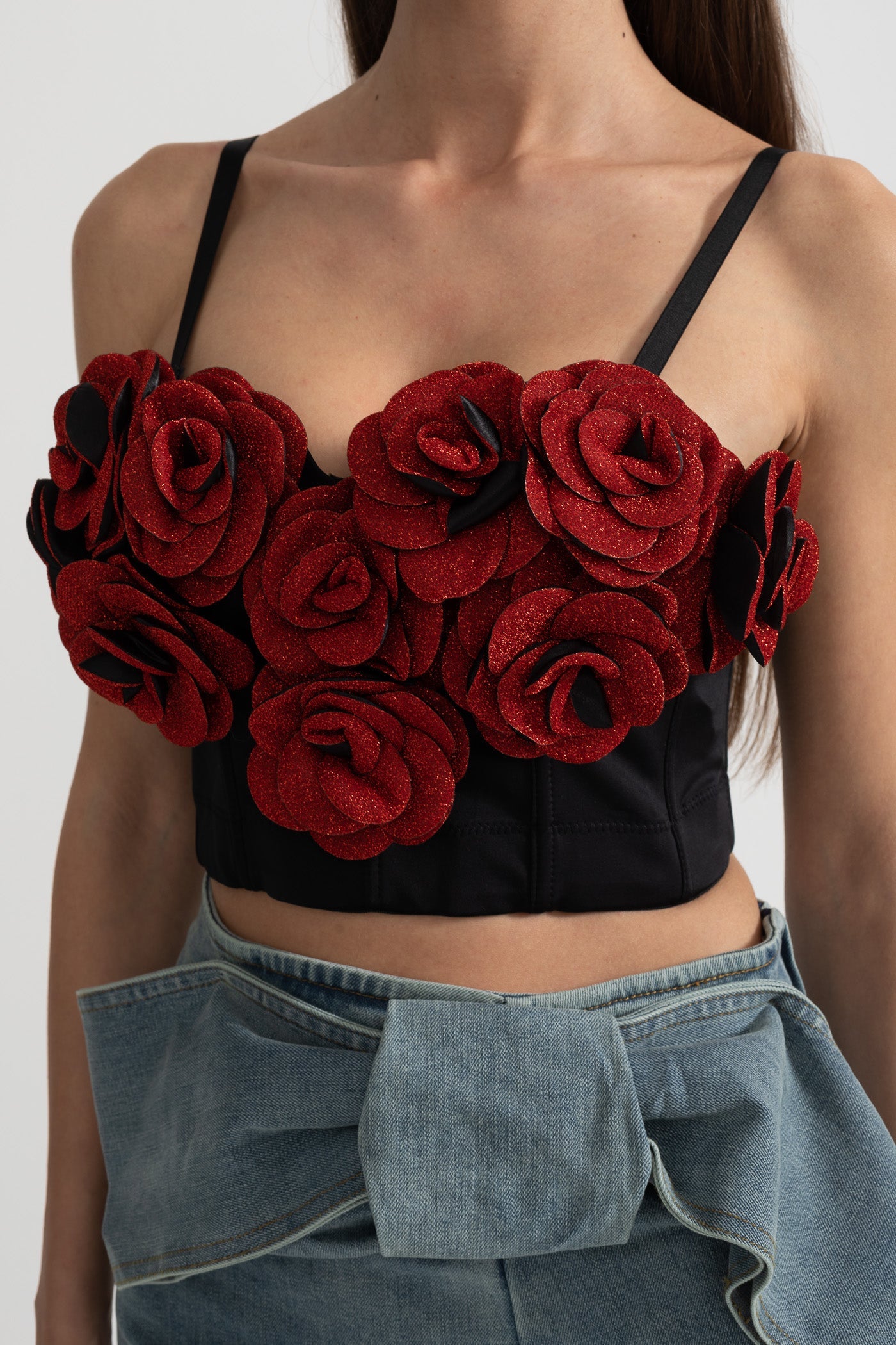 Top Corsetto con Applicazioni 3D di Rose Rosse - Nero
