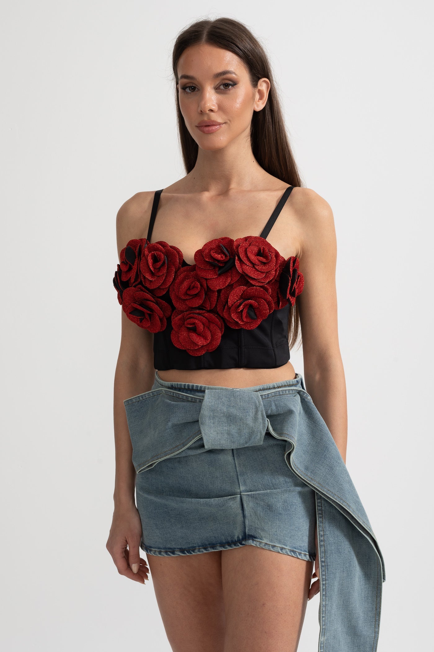 Top Corsetto con Applicazioni 3D di Rose Rosse - Nero