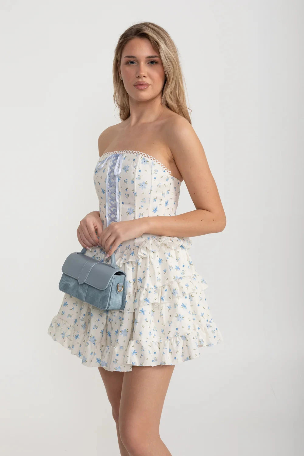 Corset Mini Dress With Ribbon Lacing Detail And Multi-Layered Ruffled Skirt - White/Blue