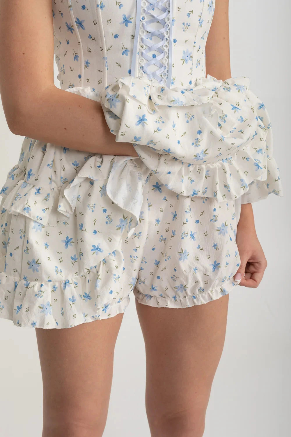 Corset Mini Dress With Ribbon Lacing Detail And Multi-Layered Ruffled Skirt - White/Blue