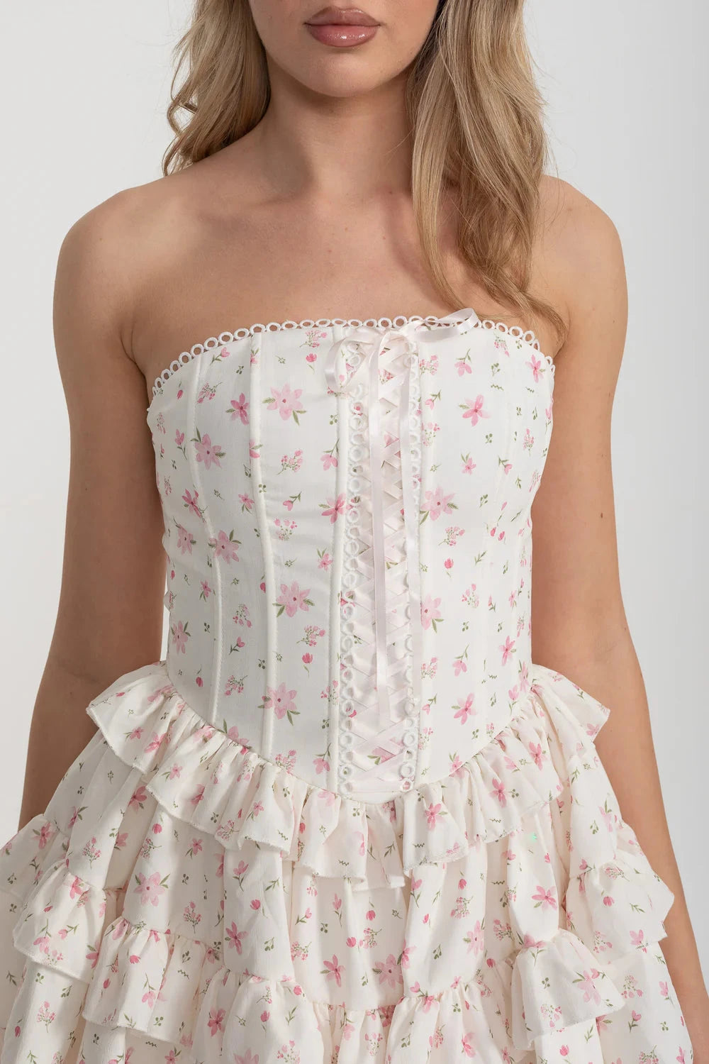 Corset Mini Dress With Ribbon Lacing Detail And Multi-Layered Ruffled Skirt - White/Pink