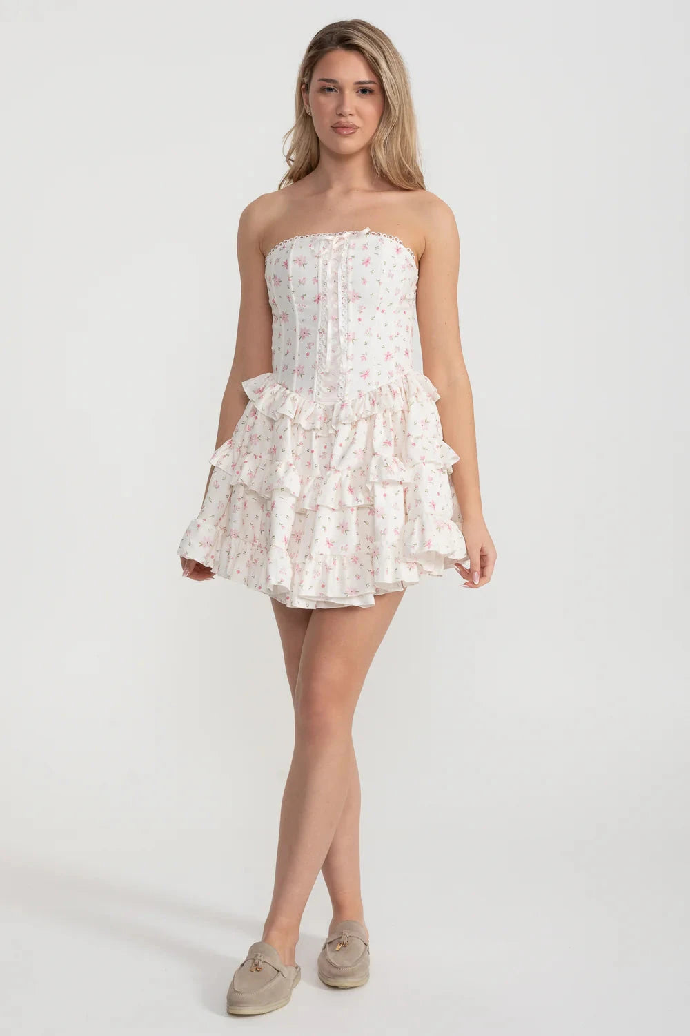 Corset Mini Dress With Ribbon Lacing Detail And Multi-Layered Ruffled Skirt - White/Pink