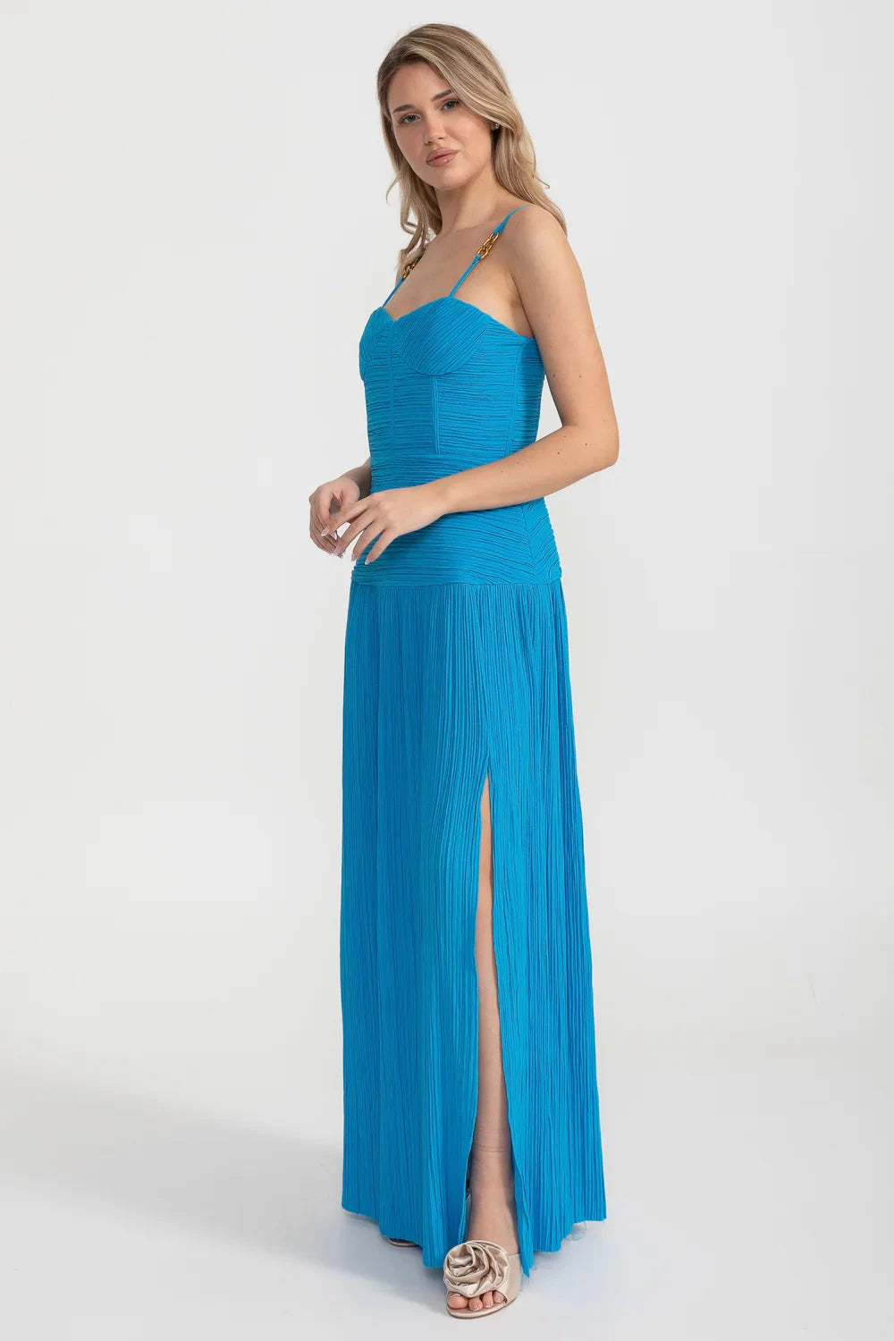 Abito Elegante con Corpino Arricciato e Sagomato e Gonna Dritta con Spacco Laterale - Blue