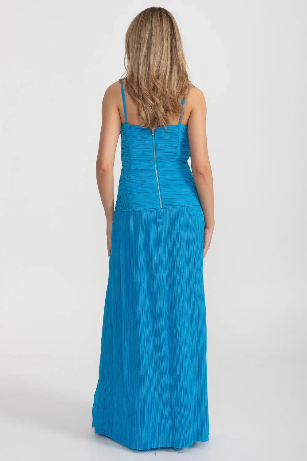 Abito Elegante con Corpino Arricciato e Sagomato e Gonna Dritta con Spacco Laterale - Blue