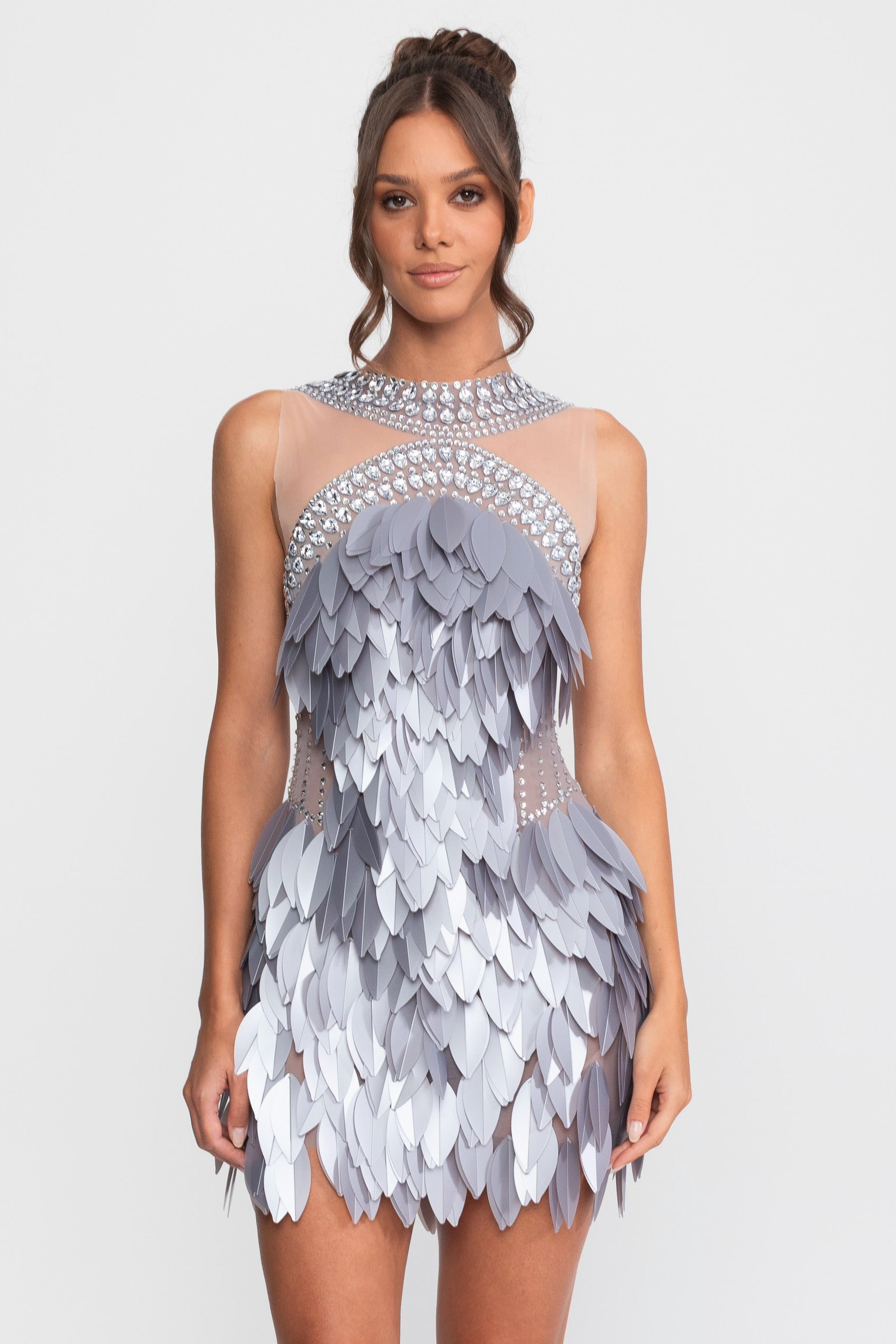 Abito Mini Senza Maniche in Rete Trasparente con Pannelli in Piume e Cristalli - Grigio