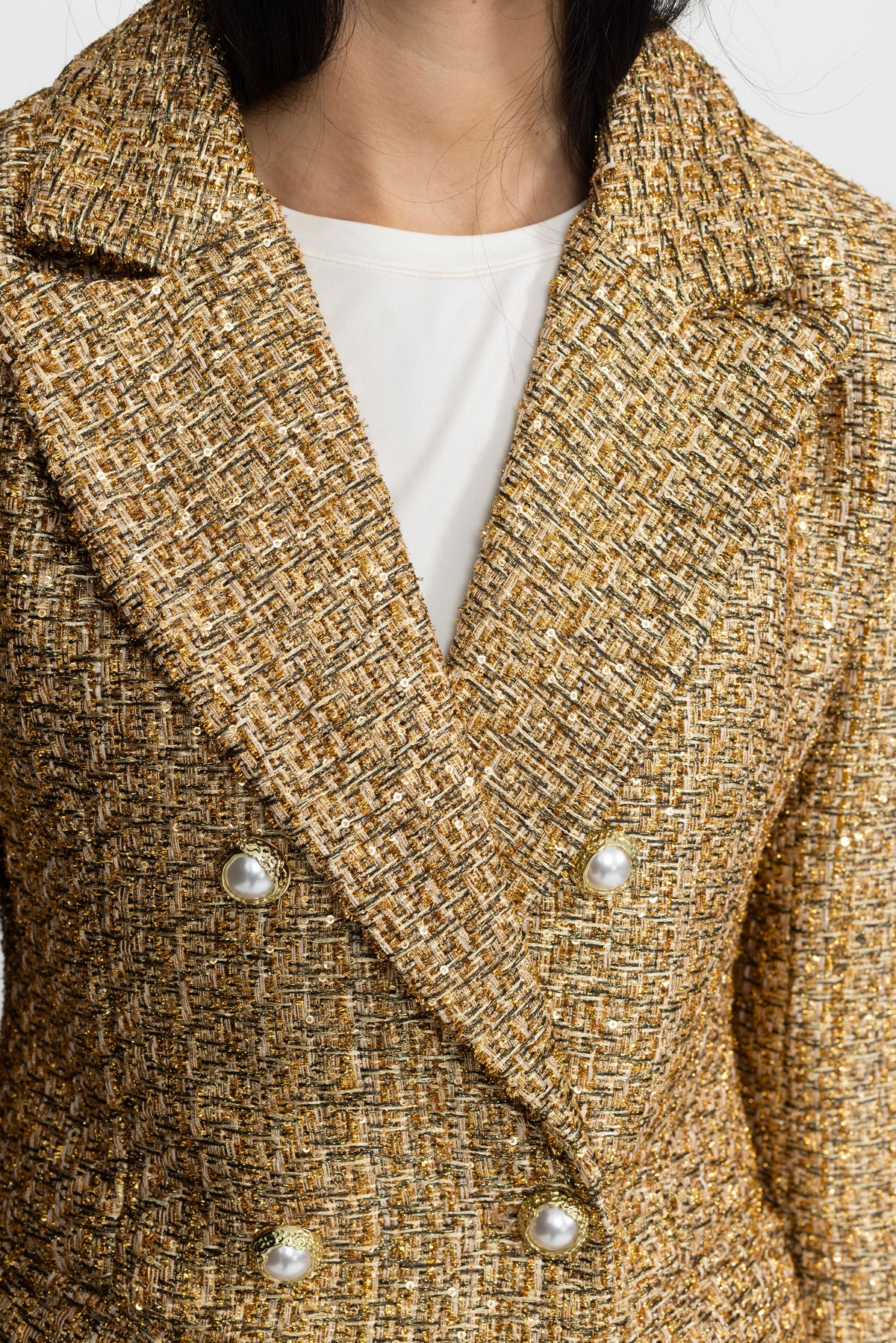 Blazer doppiopetto in tweed metallizzato con bottoni gioiello effetto perla - Oro
