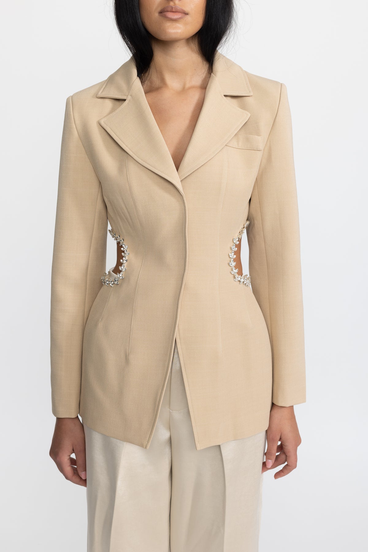 Crystal Trim Cutout Waist Tailored Blazer - Beige