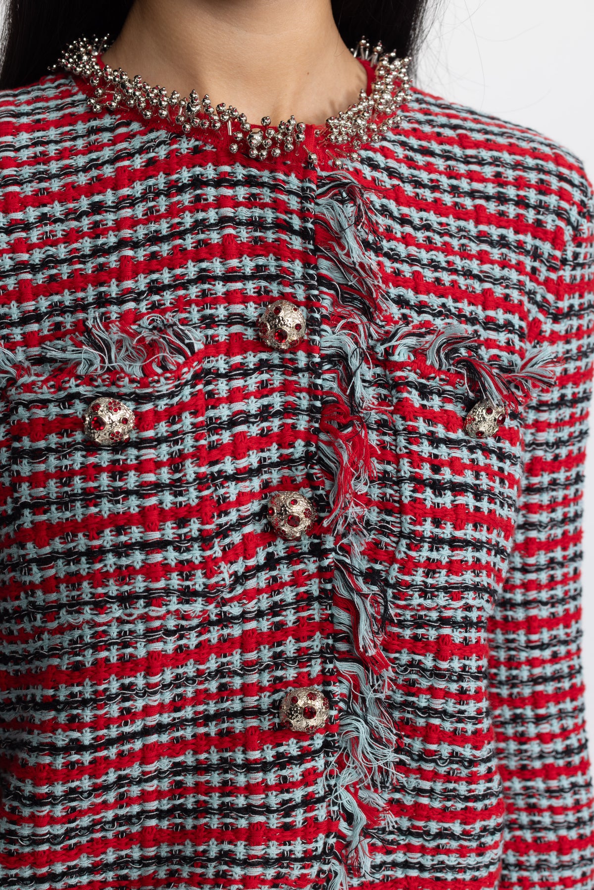 Fringed Tweed Jacket and Midi Skirt Co-ord Set - Red Multi