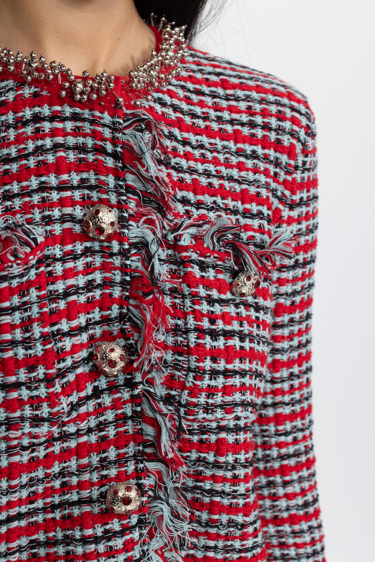 Fringed Tweed Jacket and Midi Skirt Co-ord Set - Red Multi