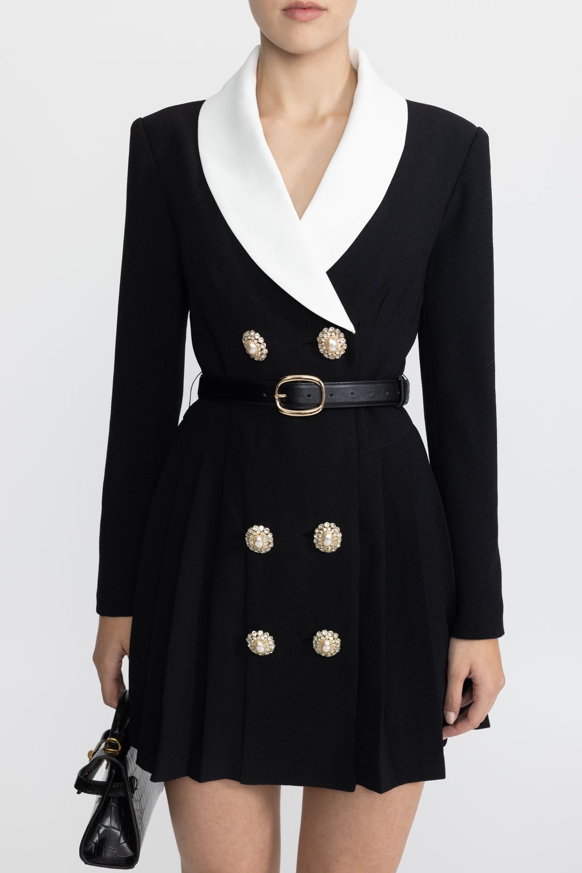 Contrast Lapel Belted Pleated Blazer Mini Dress - Black